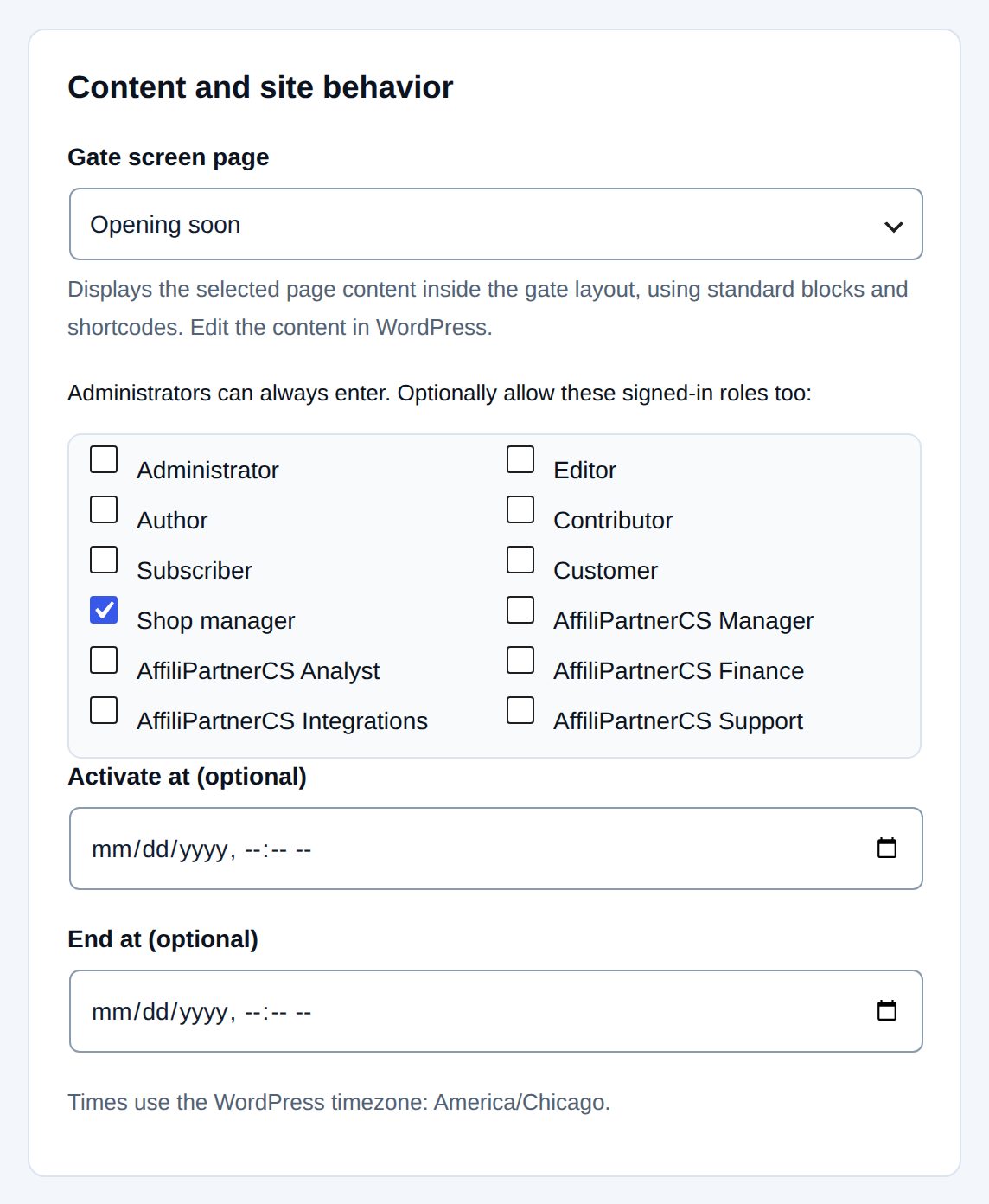 Content and site behavior: the screen page, the roles that still see the site, and the optional times