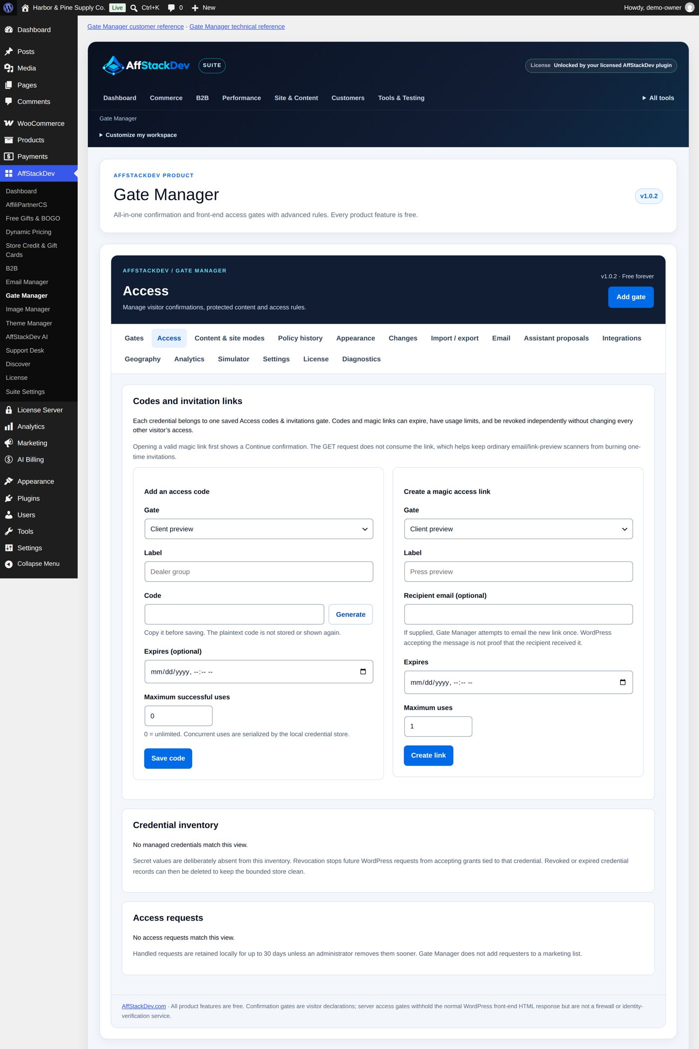The Access tab: codes, invitation links and requests