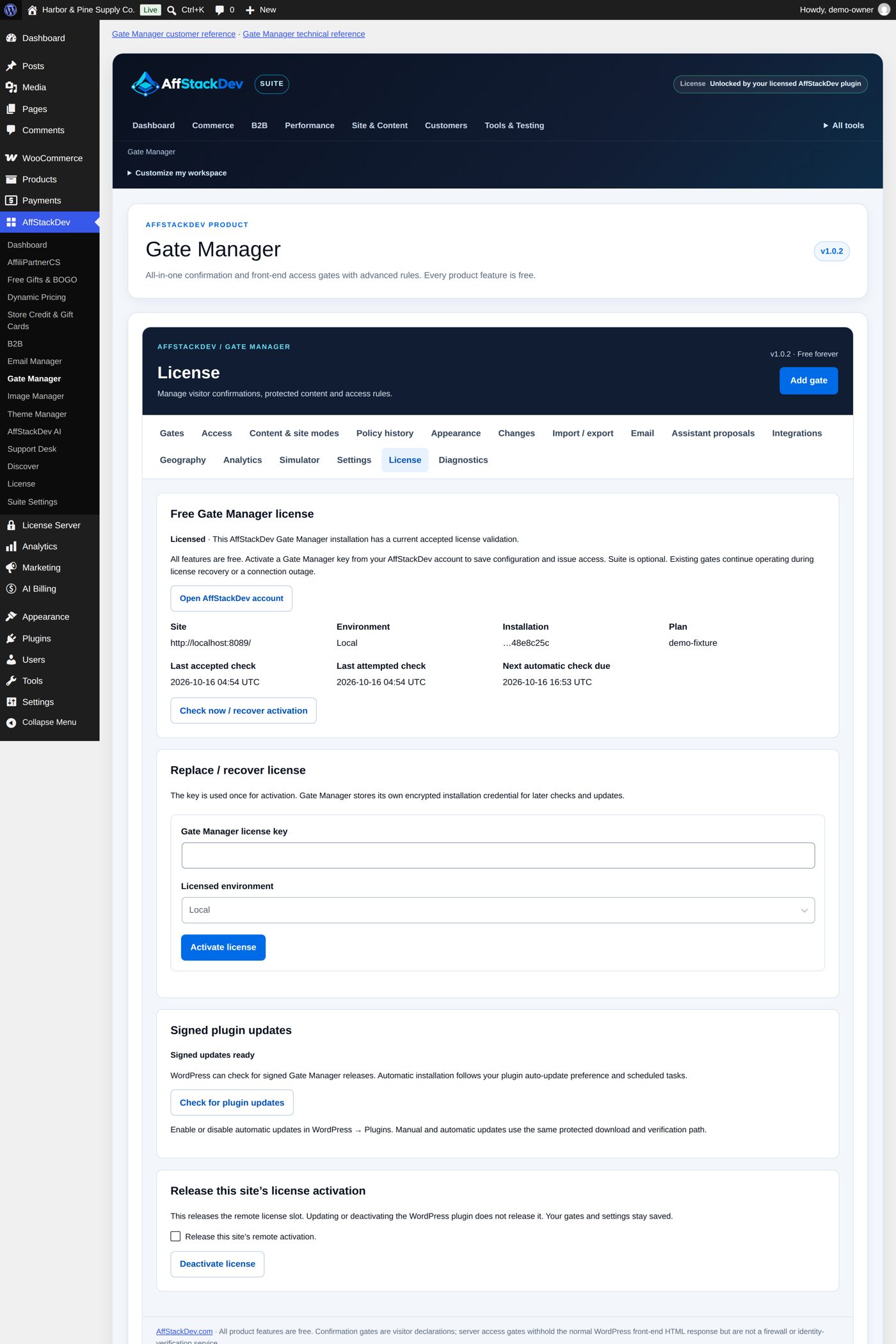 Gate Manager's License screen: the key, the environment, the status and the check and release actions