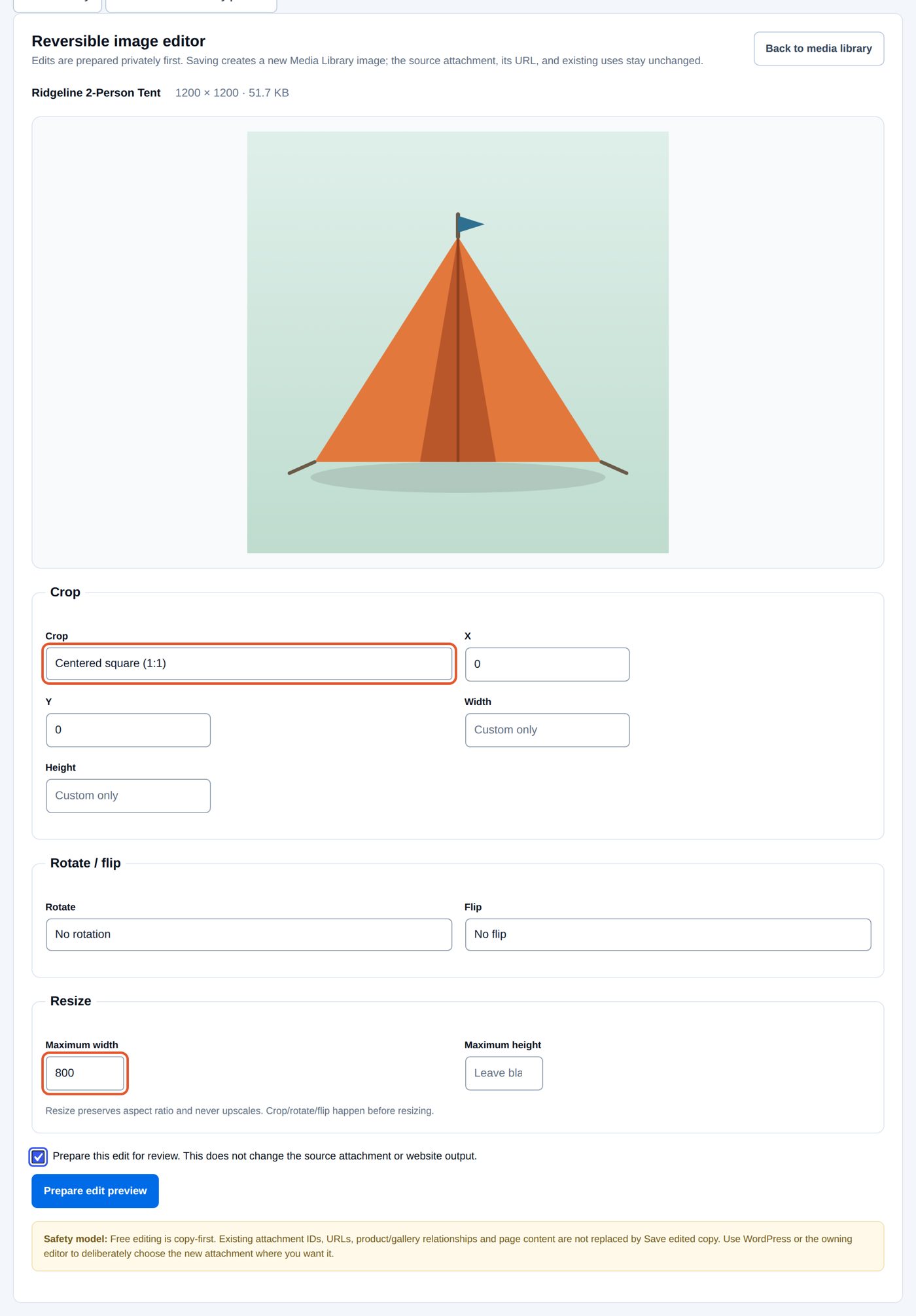 The editor filled in: Centered square (1:1) and Maximum width 800