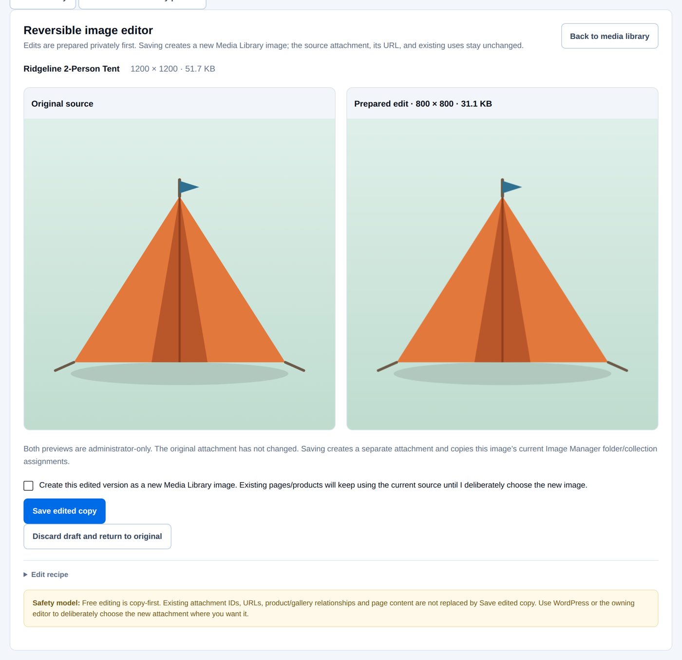 After Prepare edit preview: the original (1200 × 1200, 51.7 KB) and the prepared copy (800 × 800, 31.1 KB)