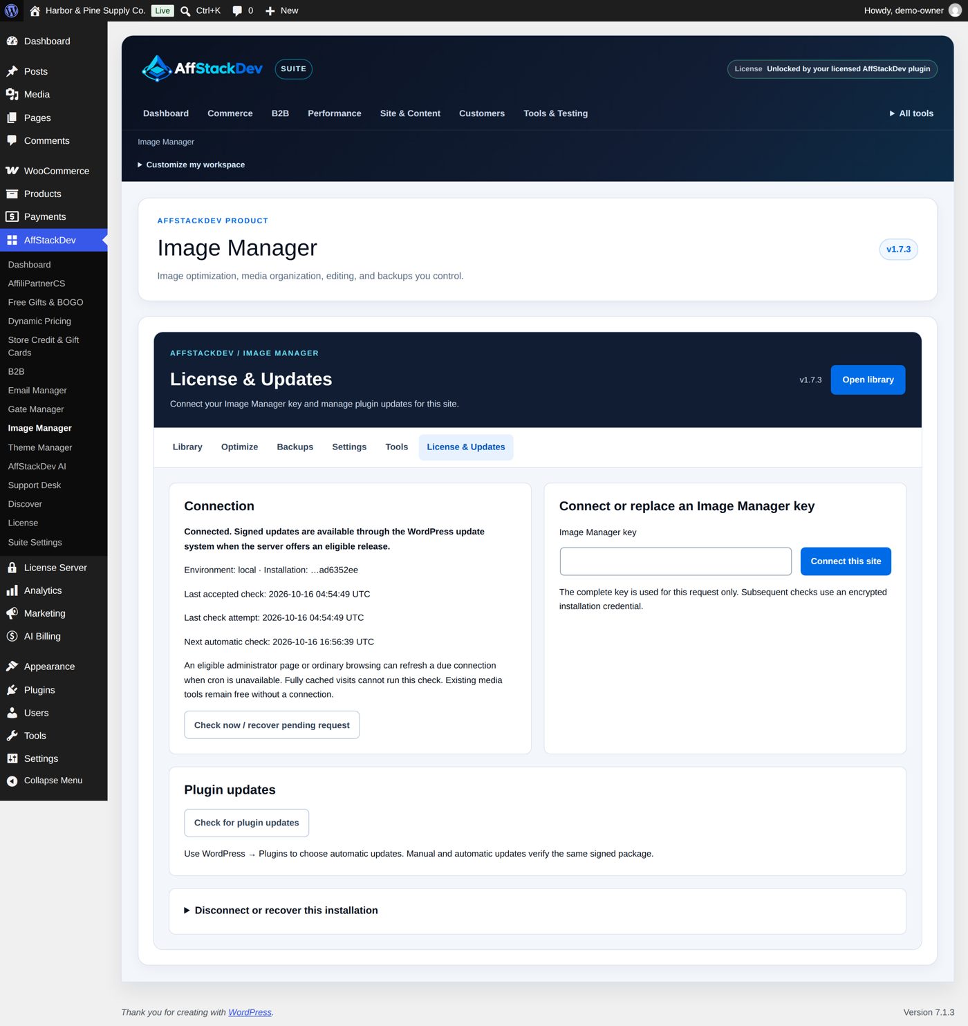 Image Manager's License screen: the key, the environment, the status and the check and release actions