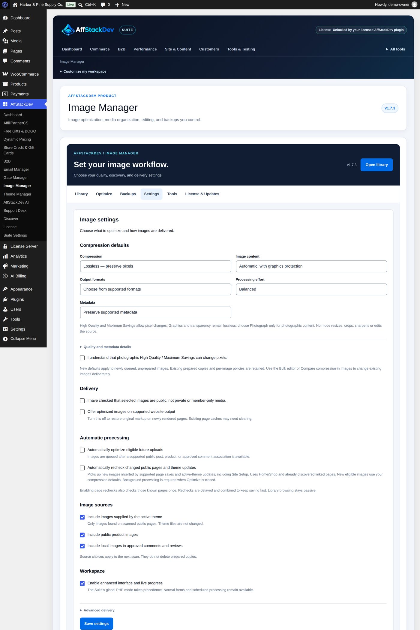 The Settings tab: compression defaults, delivery, automatic processing, image sources, workspace