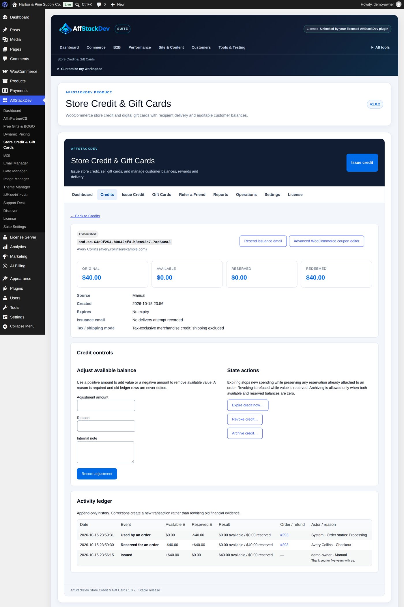 A credit's detail: its amounts, source and the Credit controls