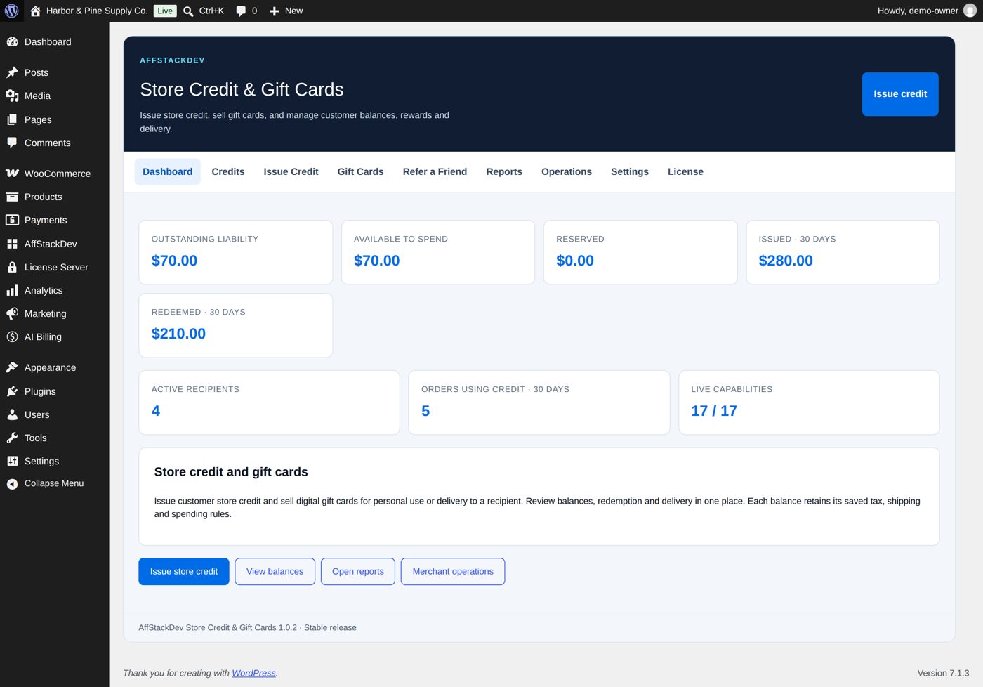 The Store Credit & Gift Cards dashboard