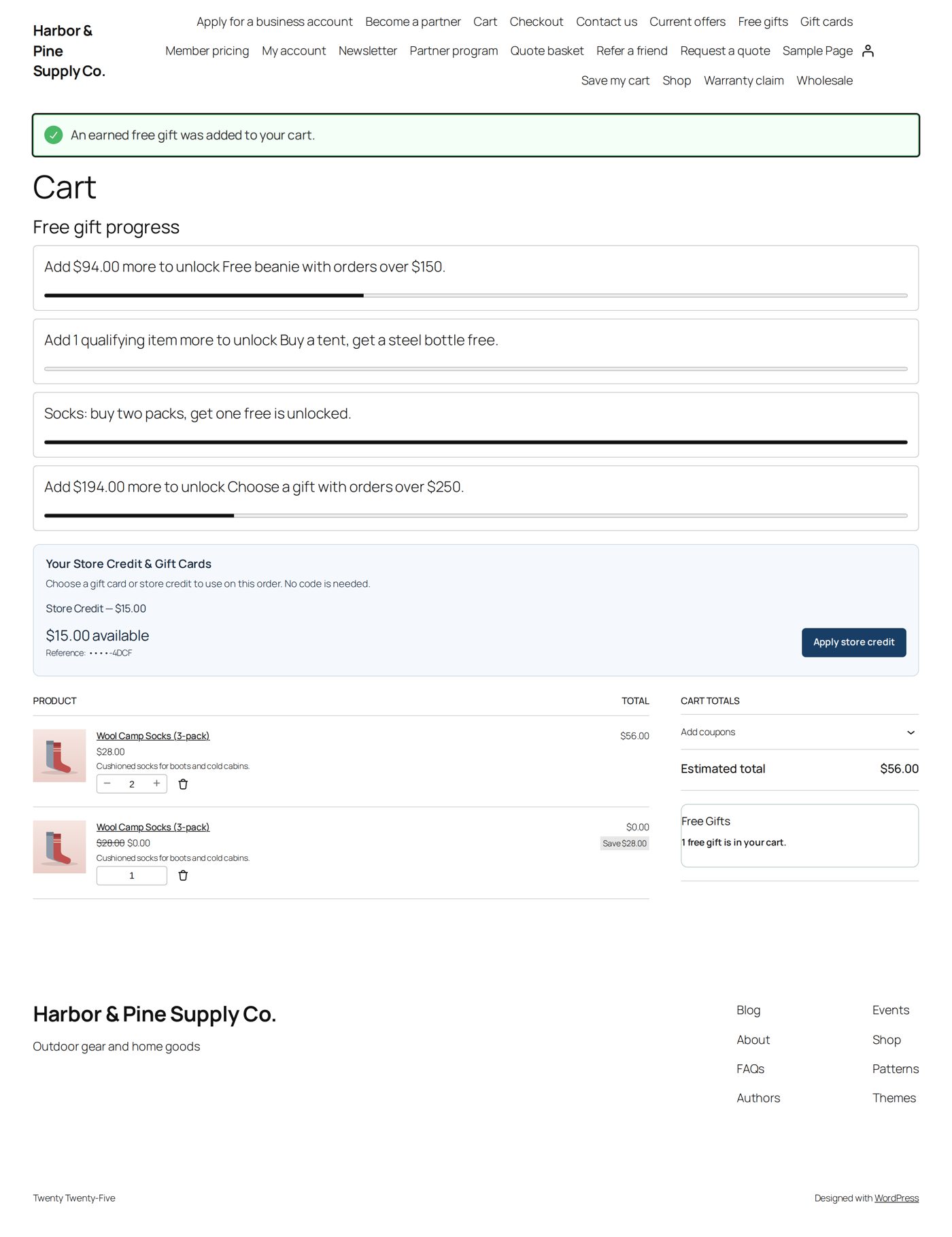 The cart with the store credit offered, next to a free gift the cart earned