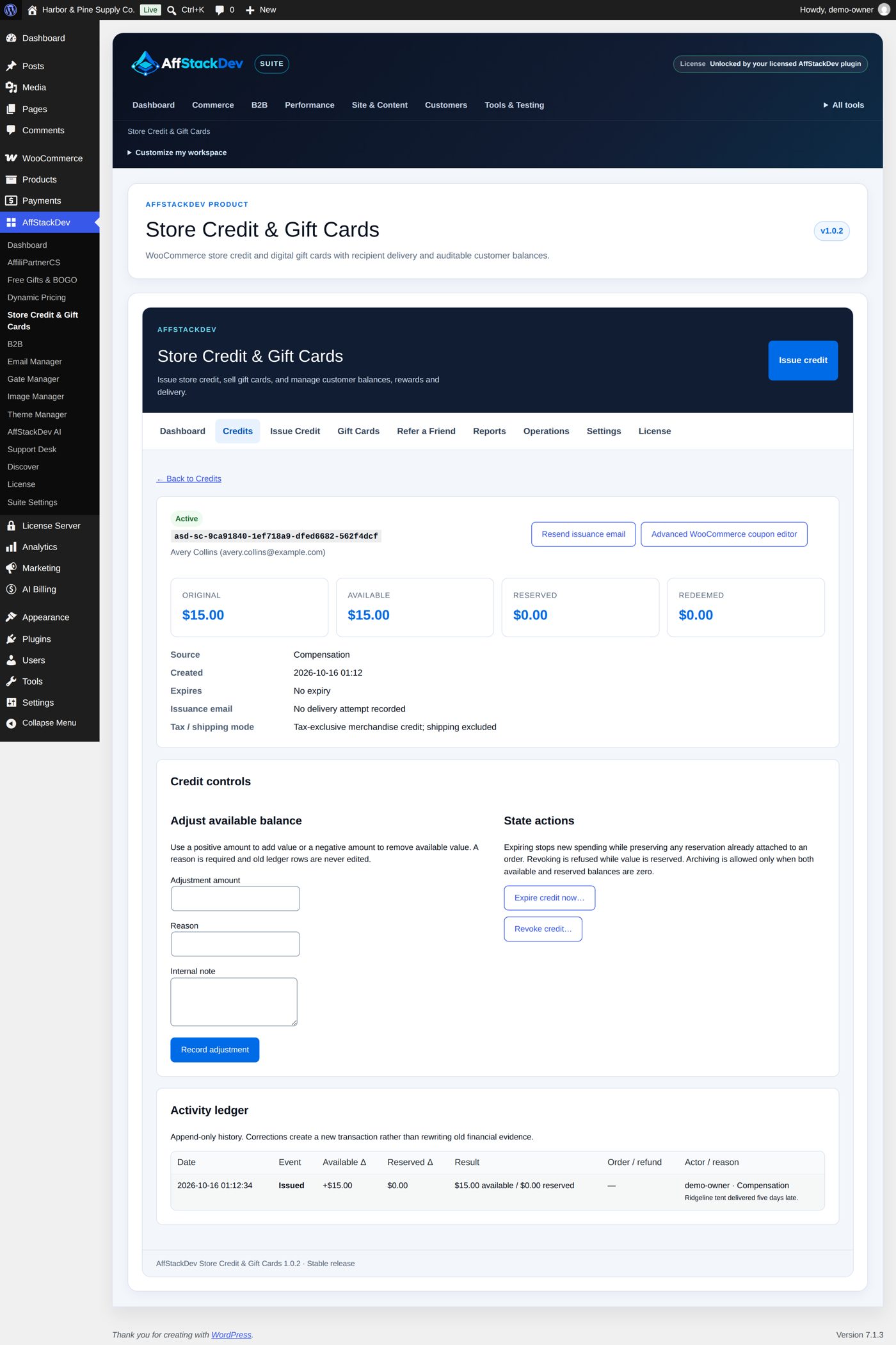 The credit's page after issuing: its amounts, source, controls and the first ledger line