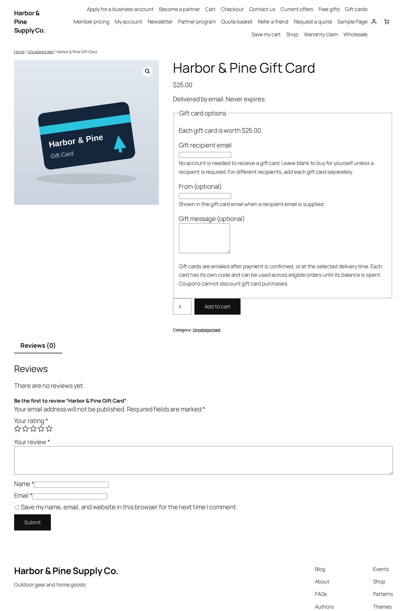A gift card product page, as a visitor sees it