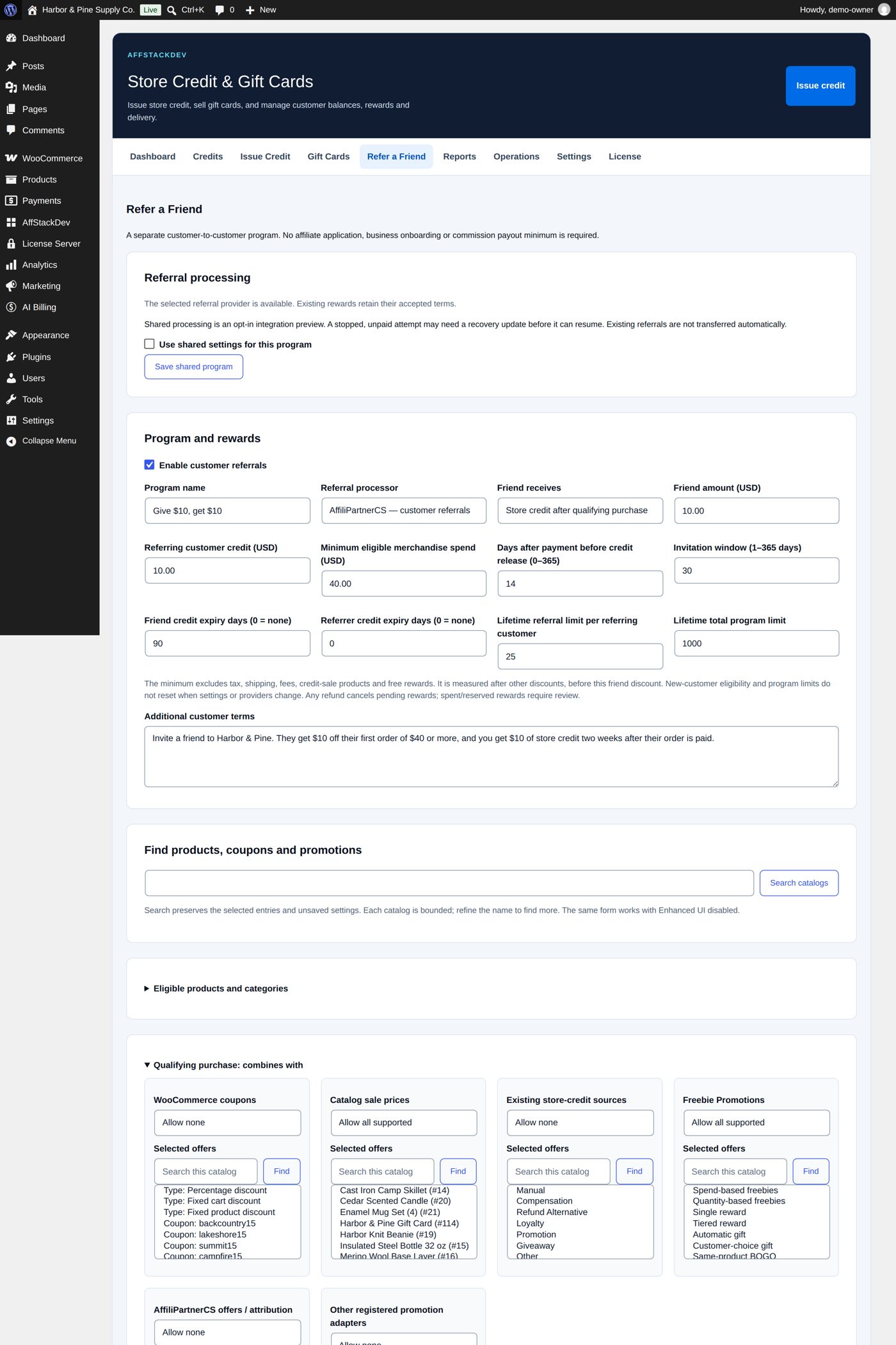 Refer a Friend: Program and rewards, as the demonstration store set it up