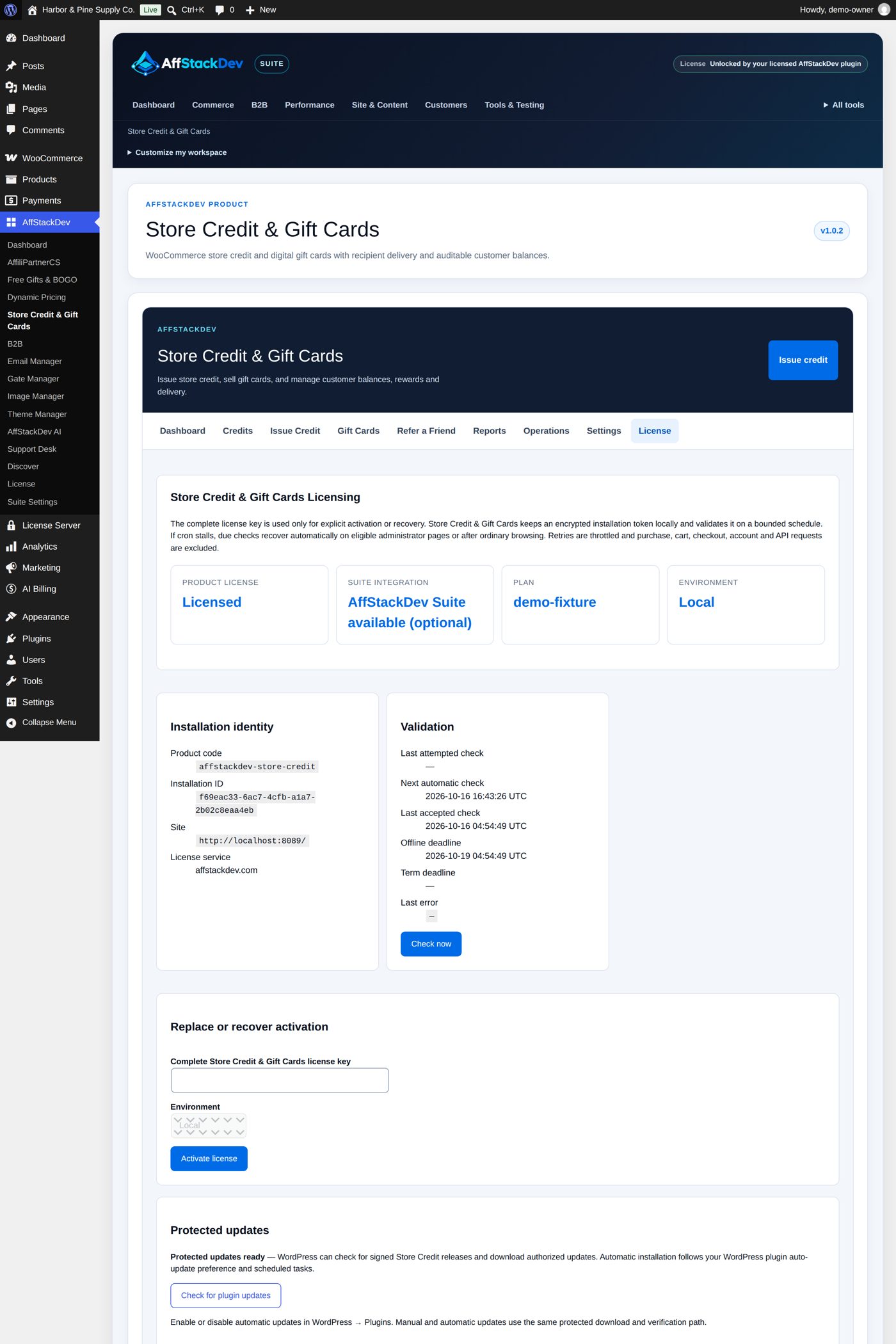 Store Credit's License screen: the key, the environment, the status and the check and release actions
