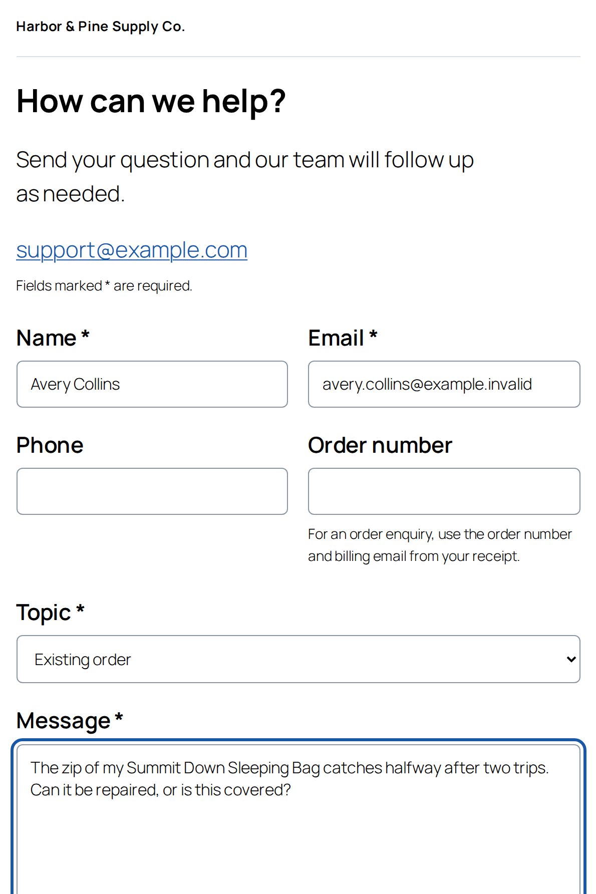 The Contact form filled in by the customer, with the human check still to answer