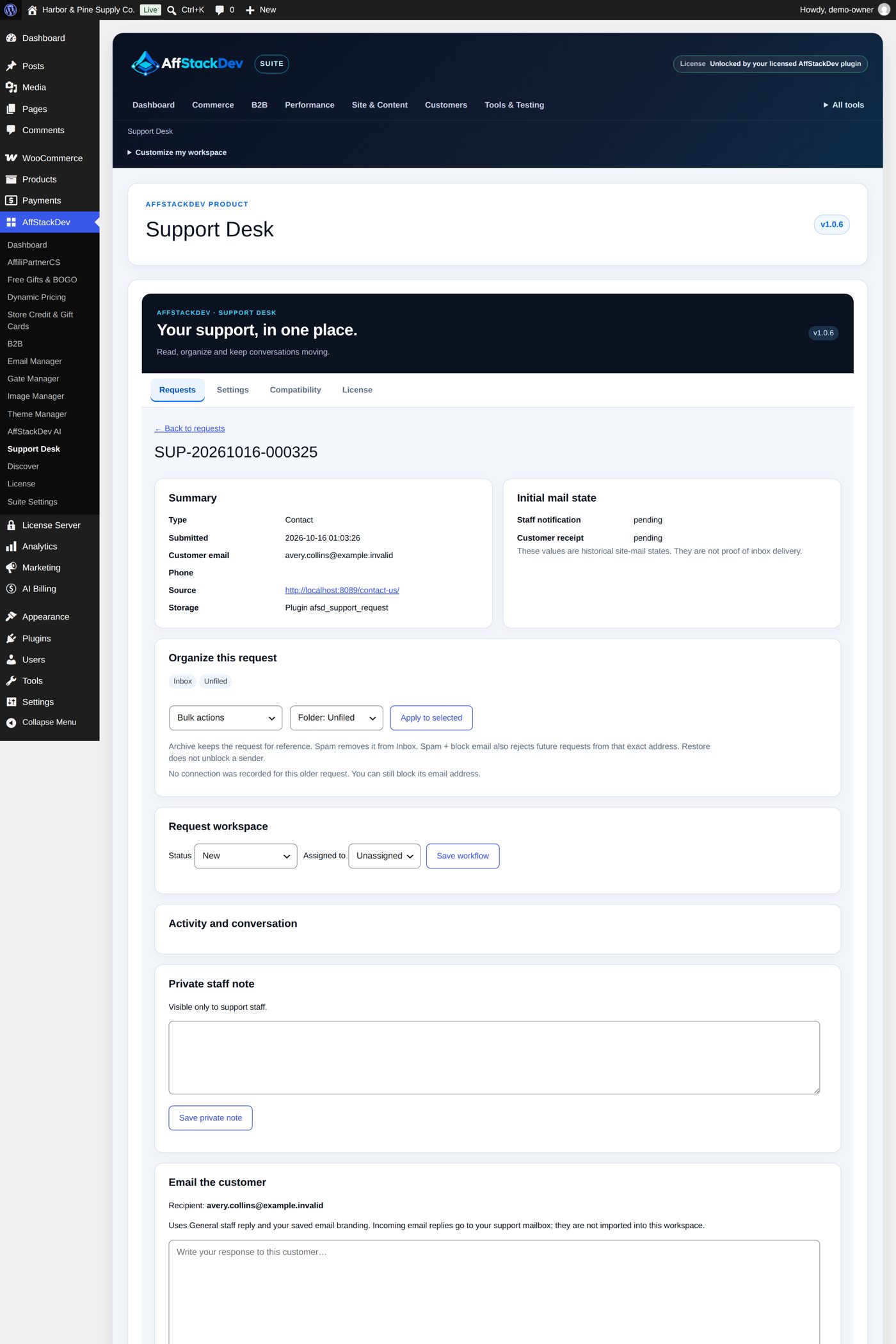 The request opened: summary, workspace, note, reply and the submitted form