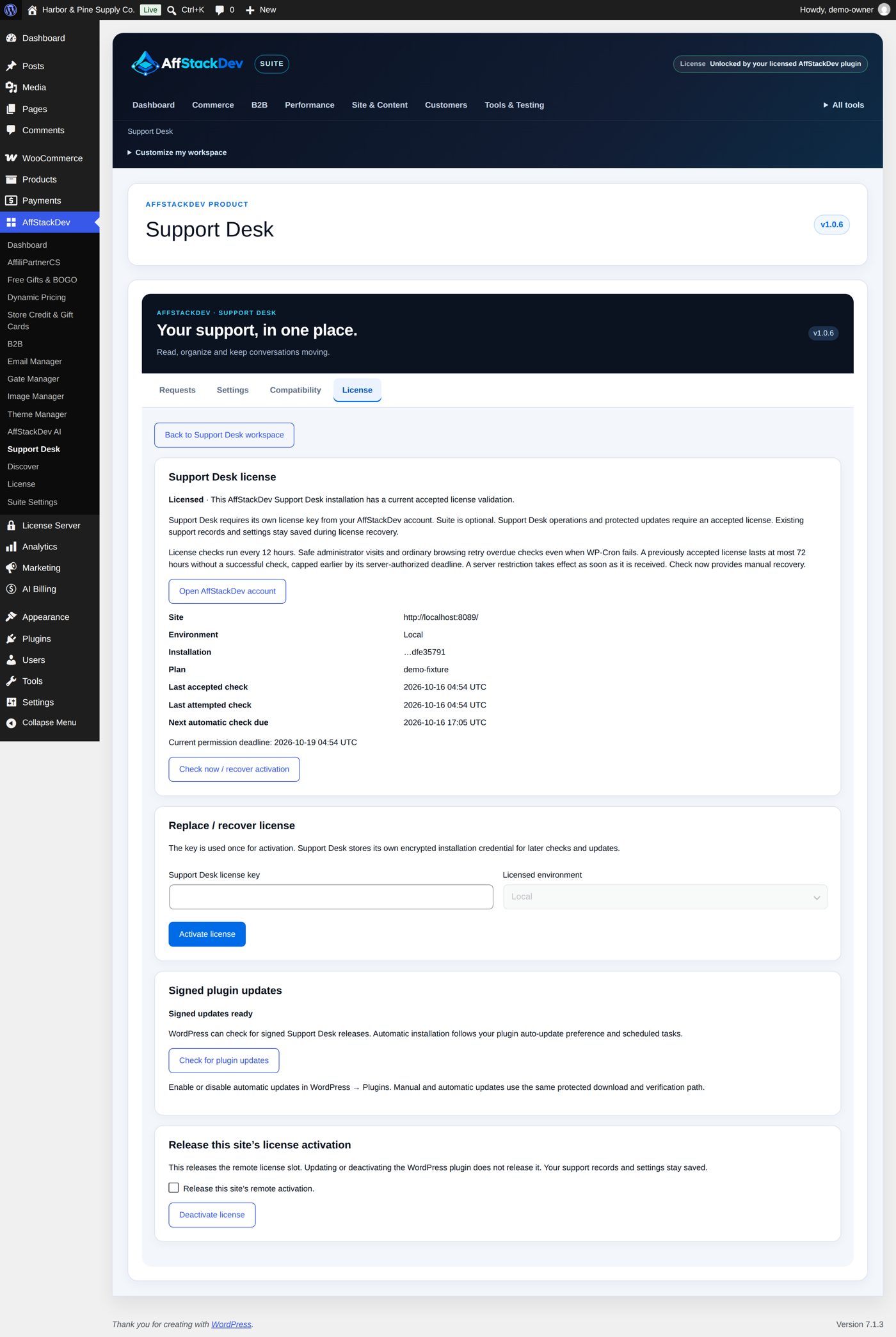 Support Desk's License screen: the key, the environment, the status and the check and release actions