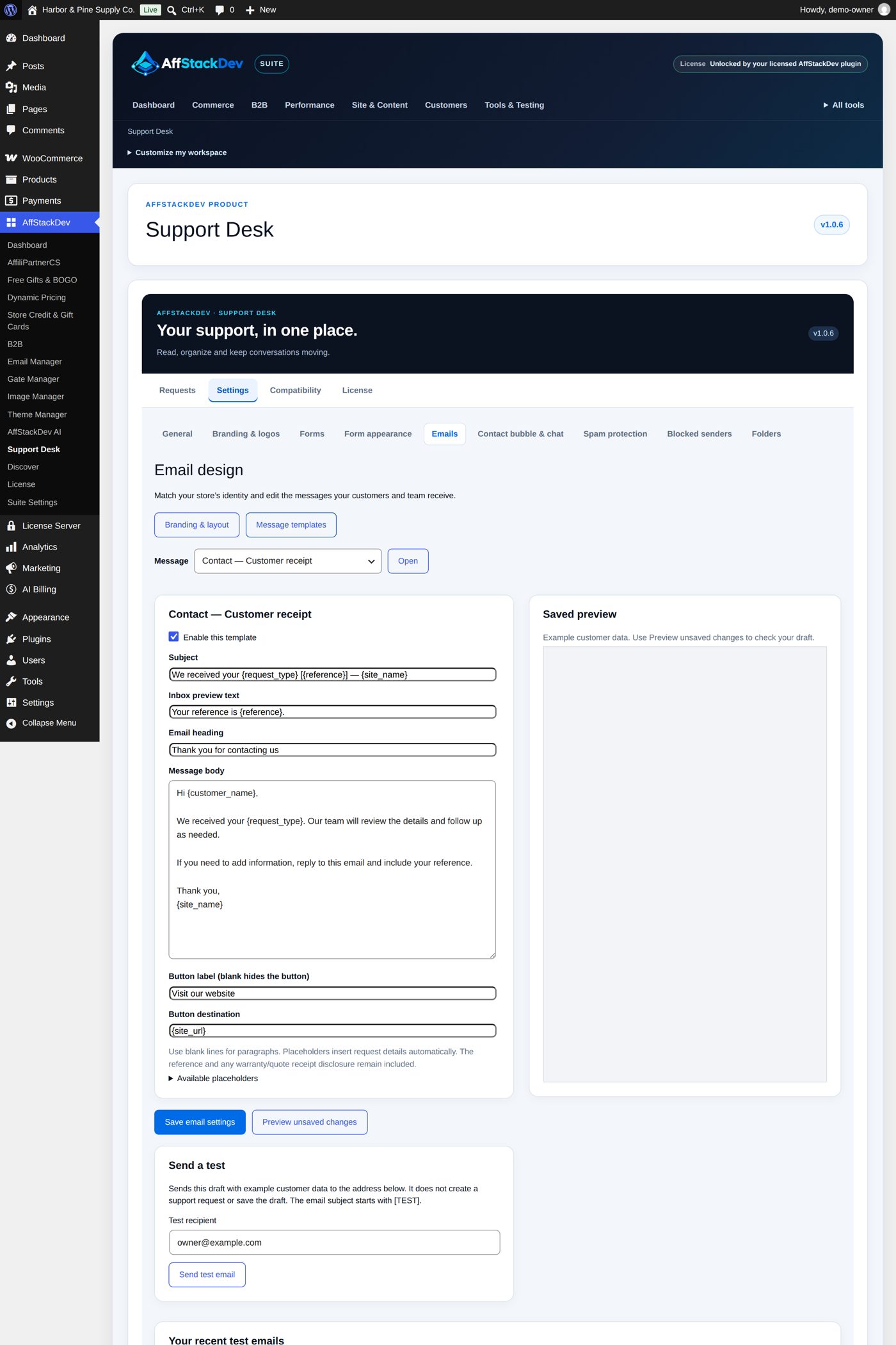 Settings → Emails: the frame and the message templates