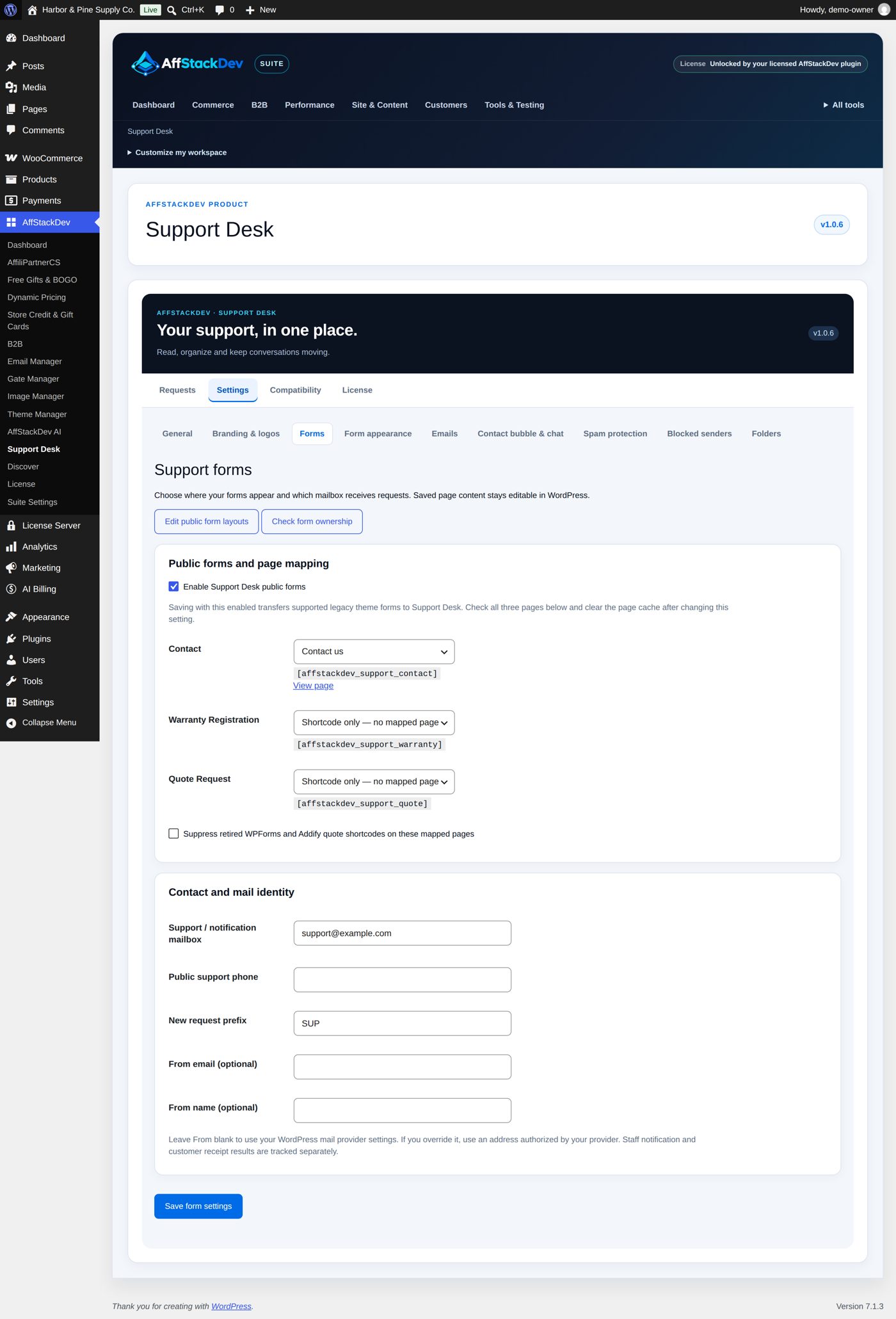 Settings → Forms: the mailbox, the pages and the switch for the public forms