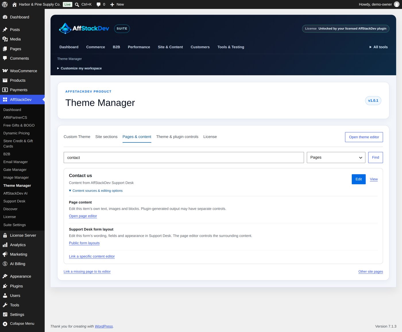 The Contact page: its own content and the Support Desk form, each with its editor