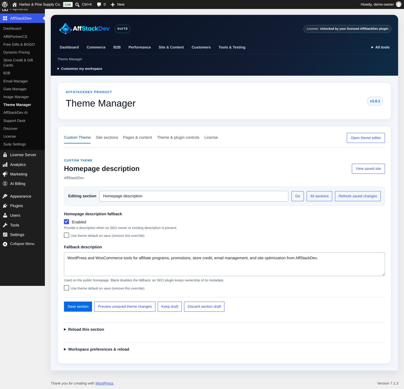 The Homepage description section: a switch, the text field, Use theme default on save under each, and the four buttons