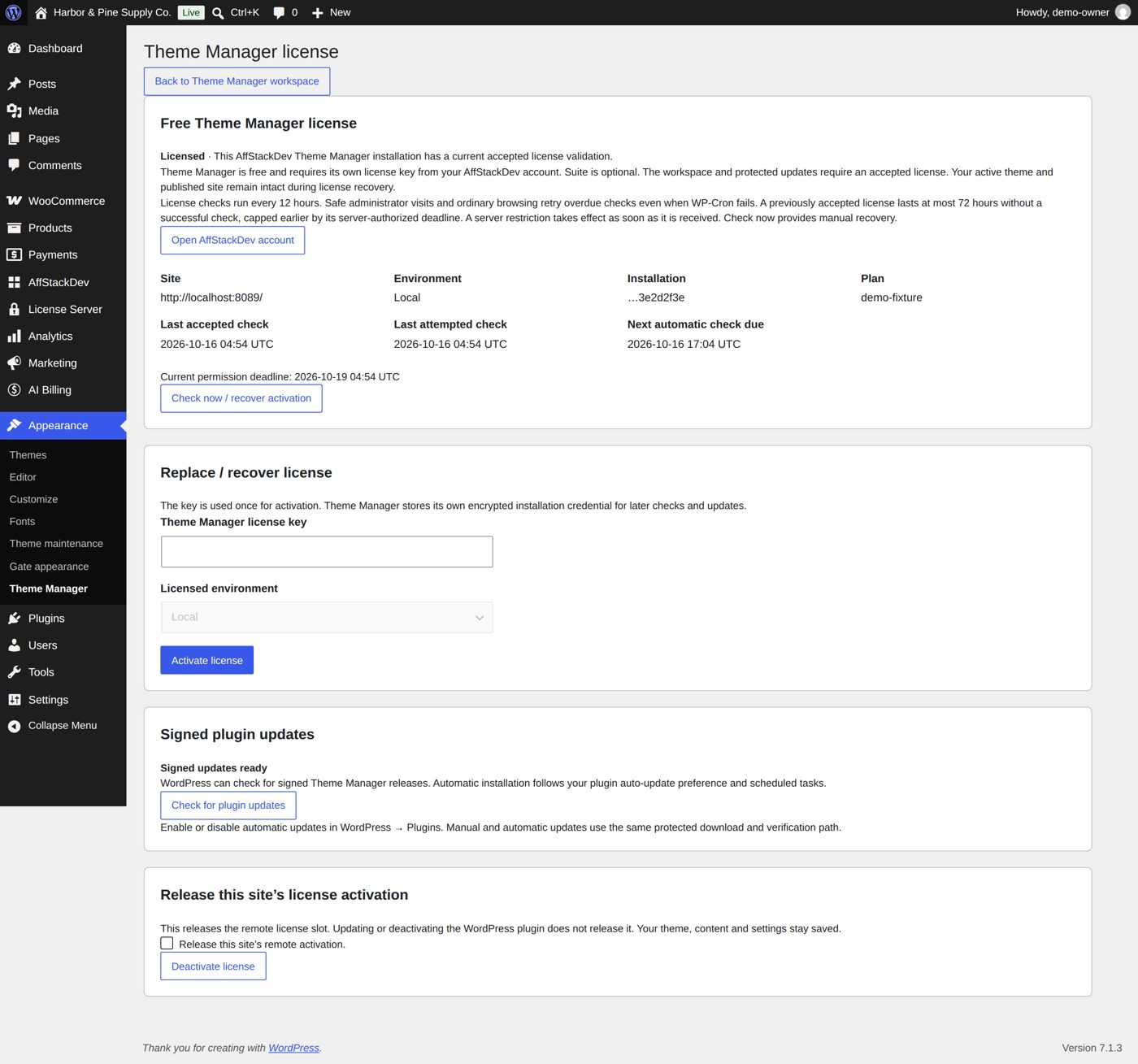Theme Manager's License screen: the key, the environment, the status and the check and release actions