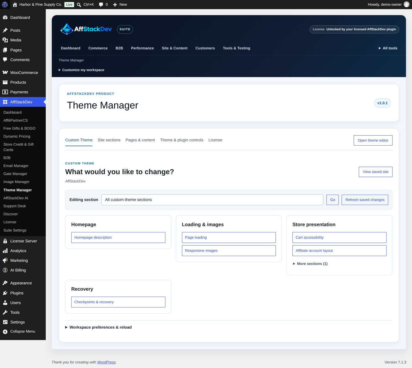 Custom Theme: the theme's sections, grouped by task