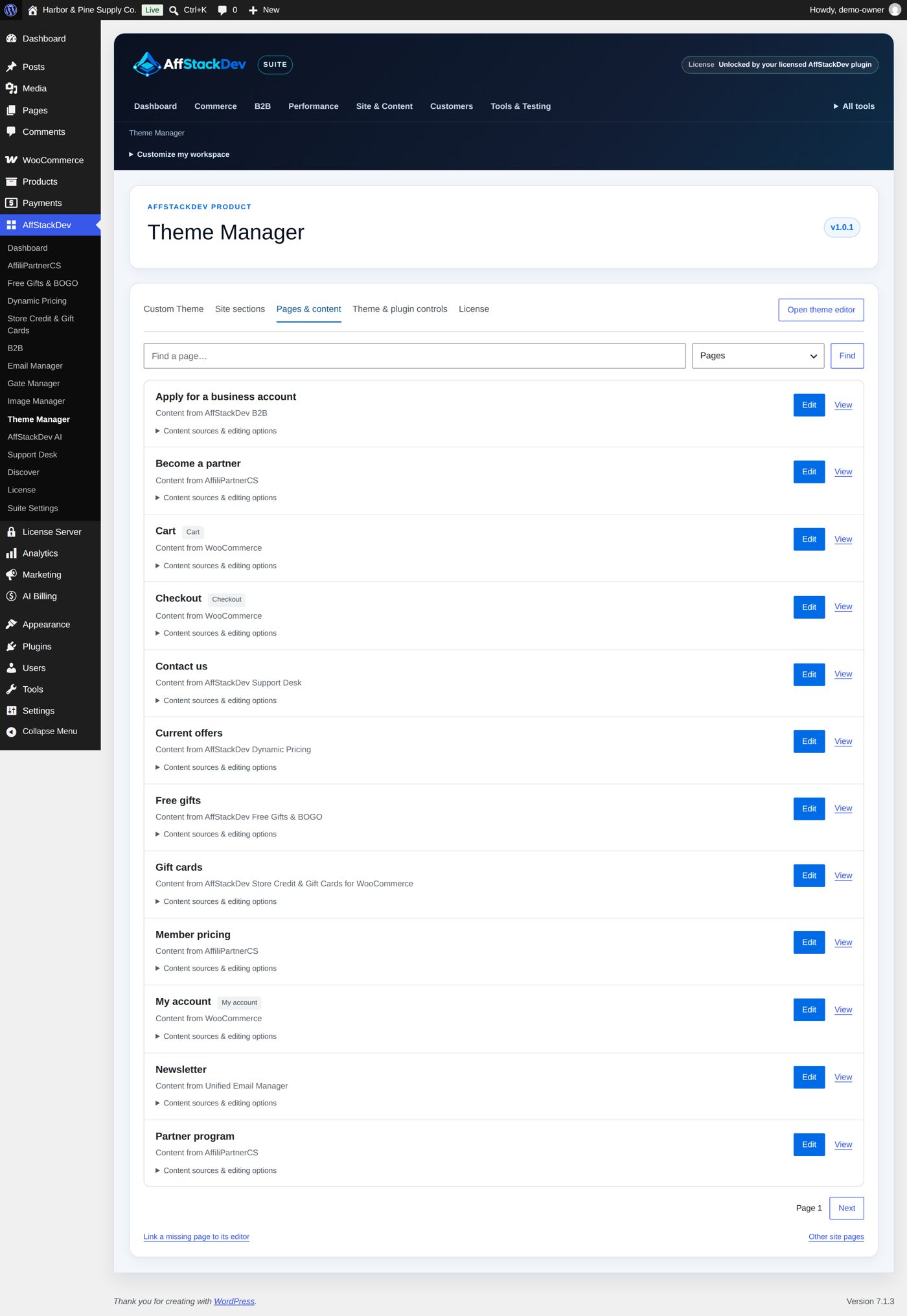 Pages & content: find a page and open its editor