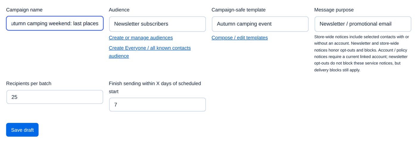 Create campaign filled in: name, audience, template and purpose