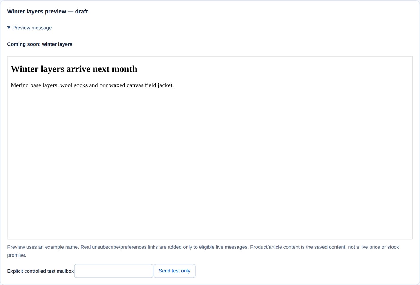 Preview & test of a draft: the subject, the message, the test address