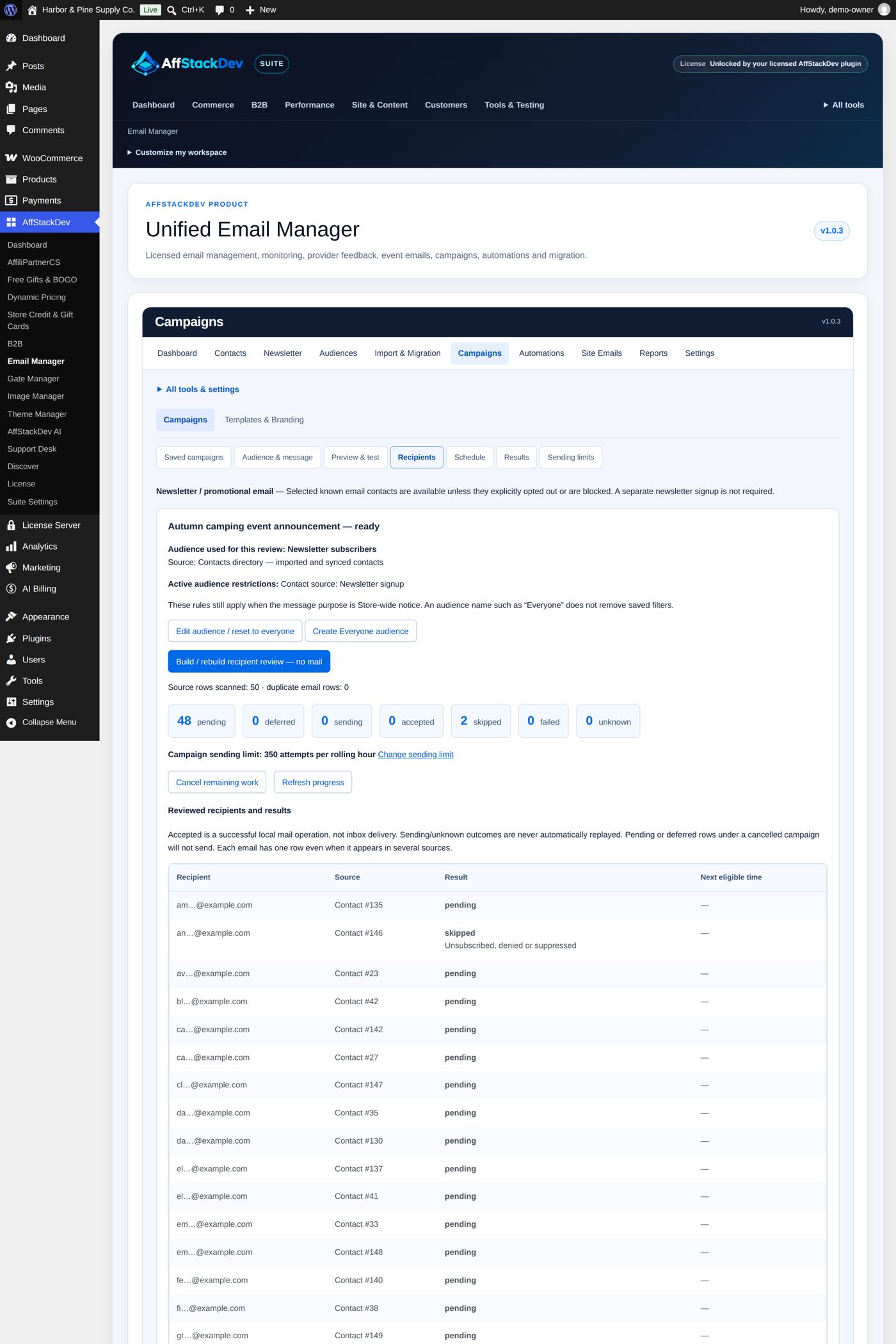 Recipients: the review built, 48 pending and 2 skipped, with each address and its result