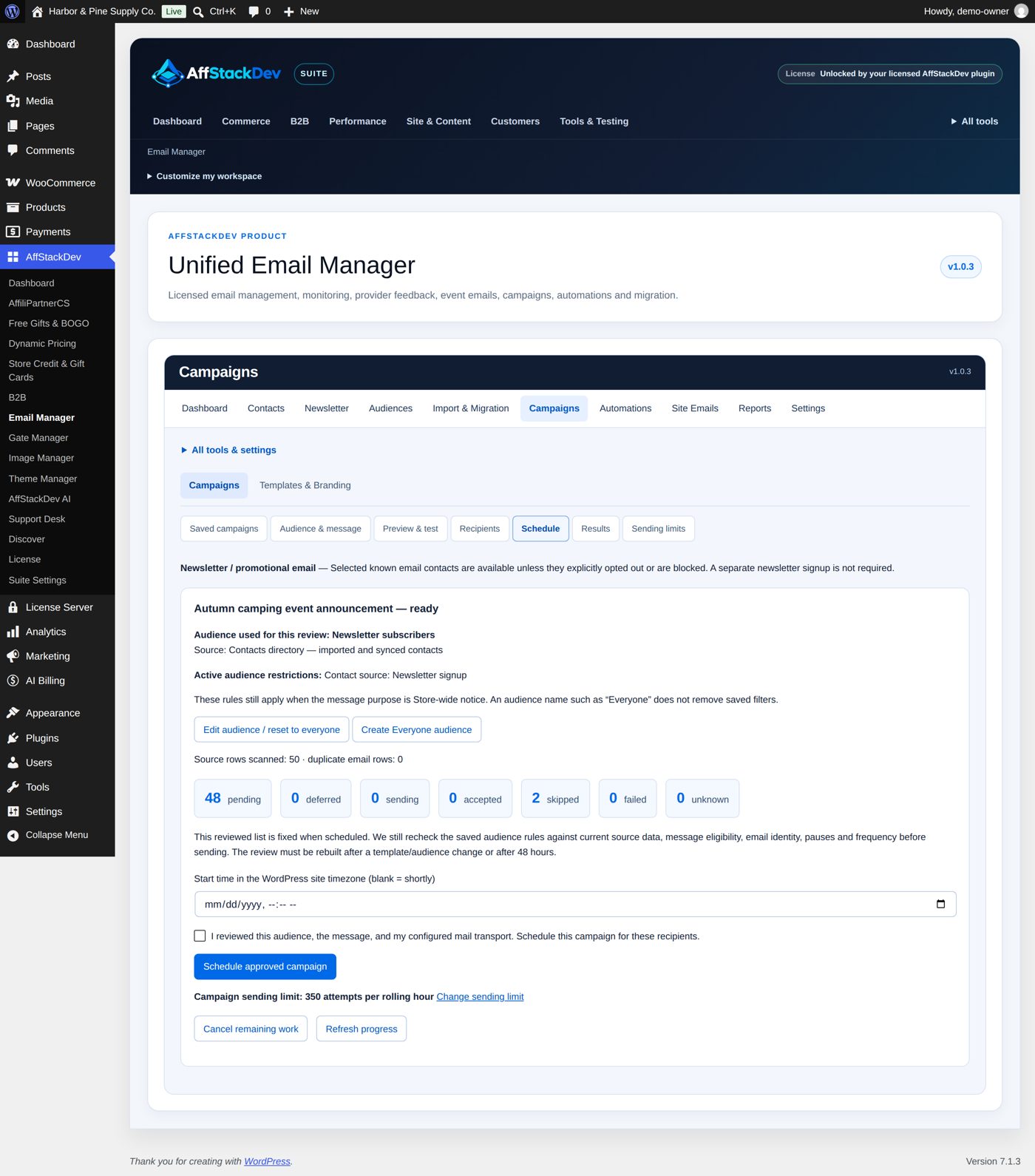 Schedule: the reviewed list, the start time, the confirmation and Schedule approved campaign