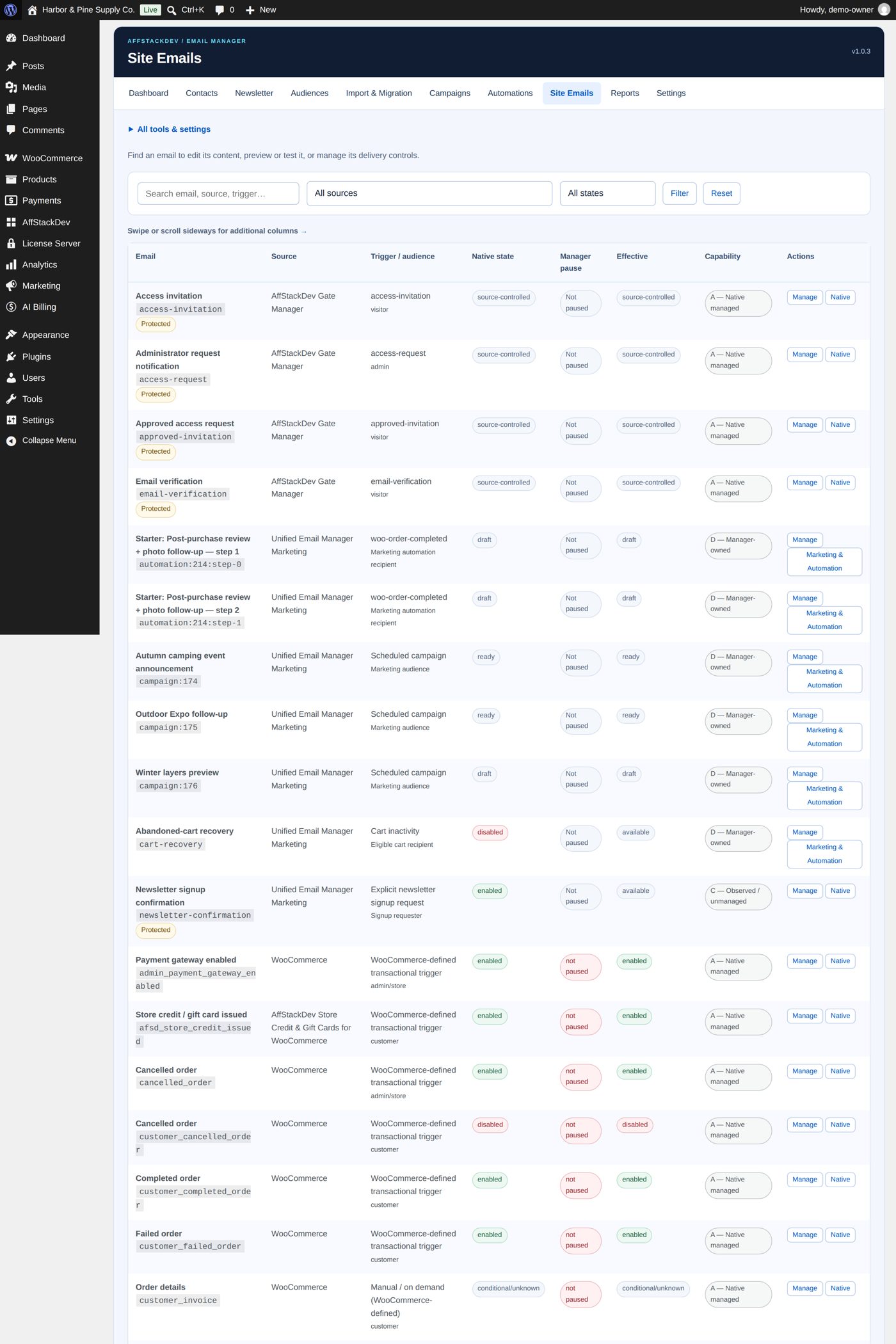 Site Emails: every email the site sends