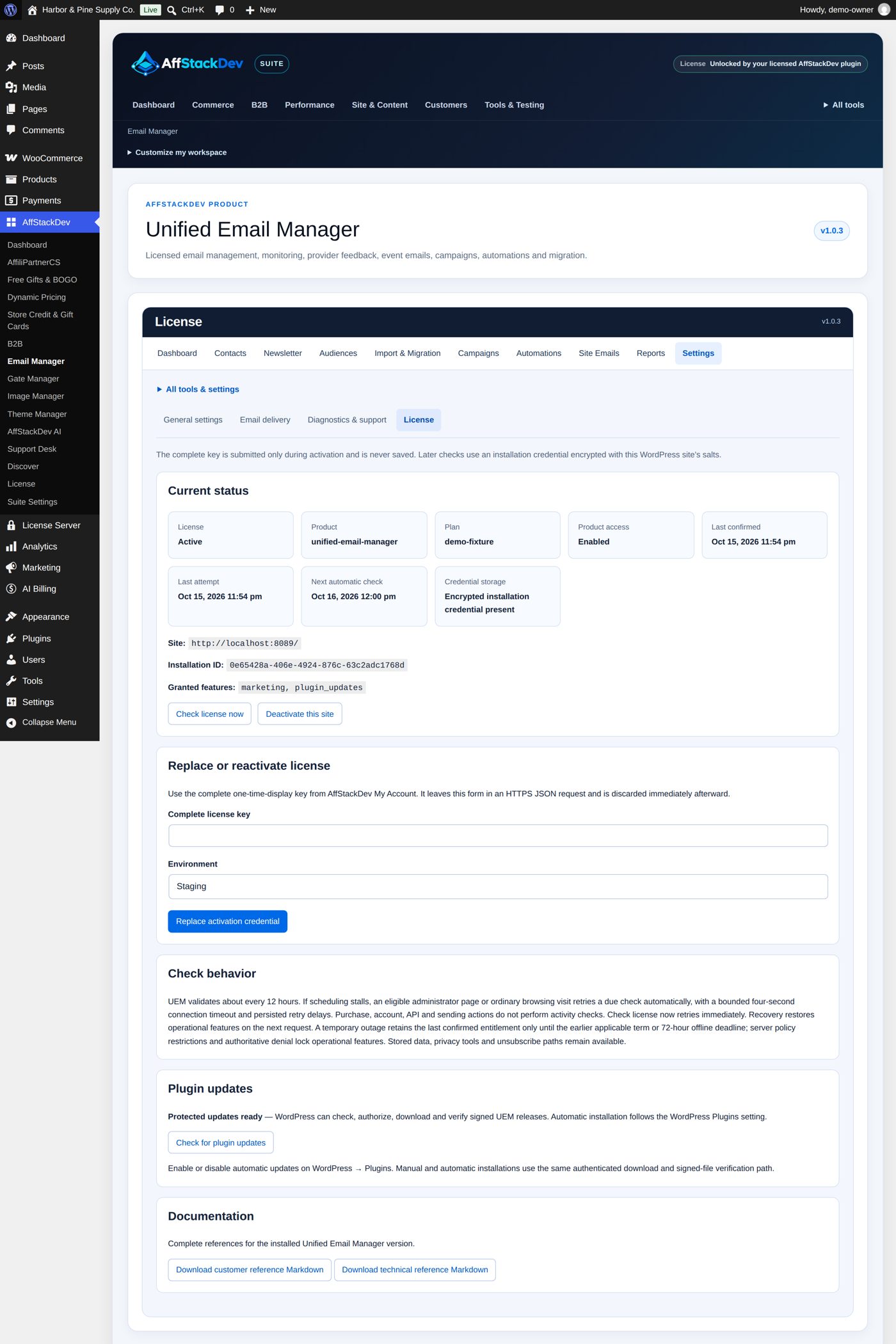 Email Manager's License screen: the key, the environment, the status and the check and release actions