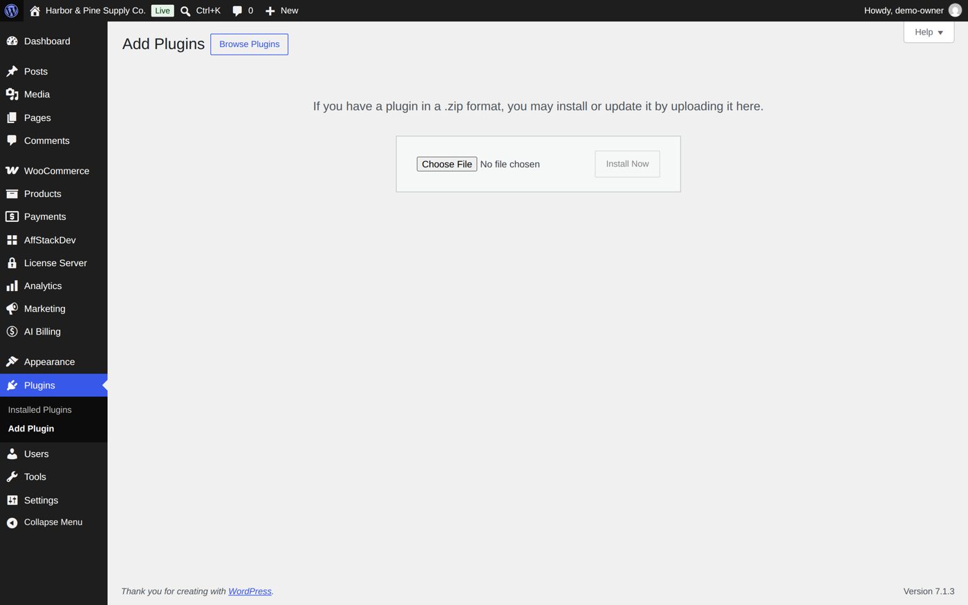 Plugins → Add Plugin → Upload Plugin: choose the ZIP file, then Install Now