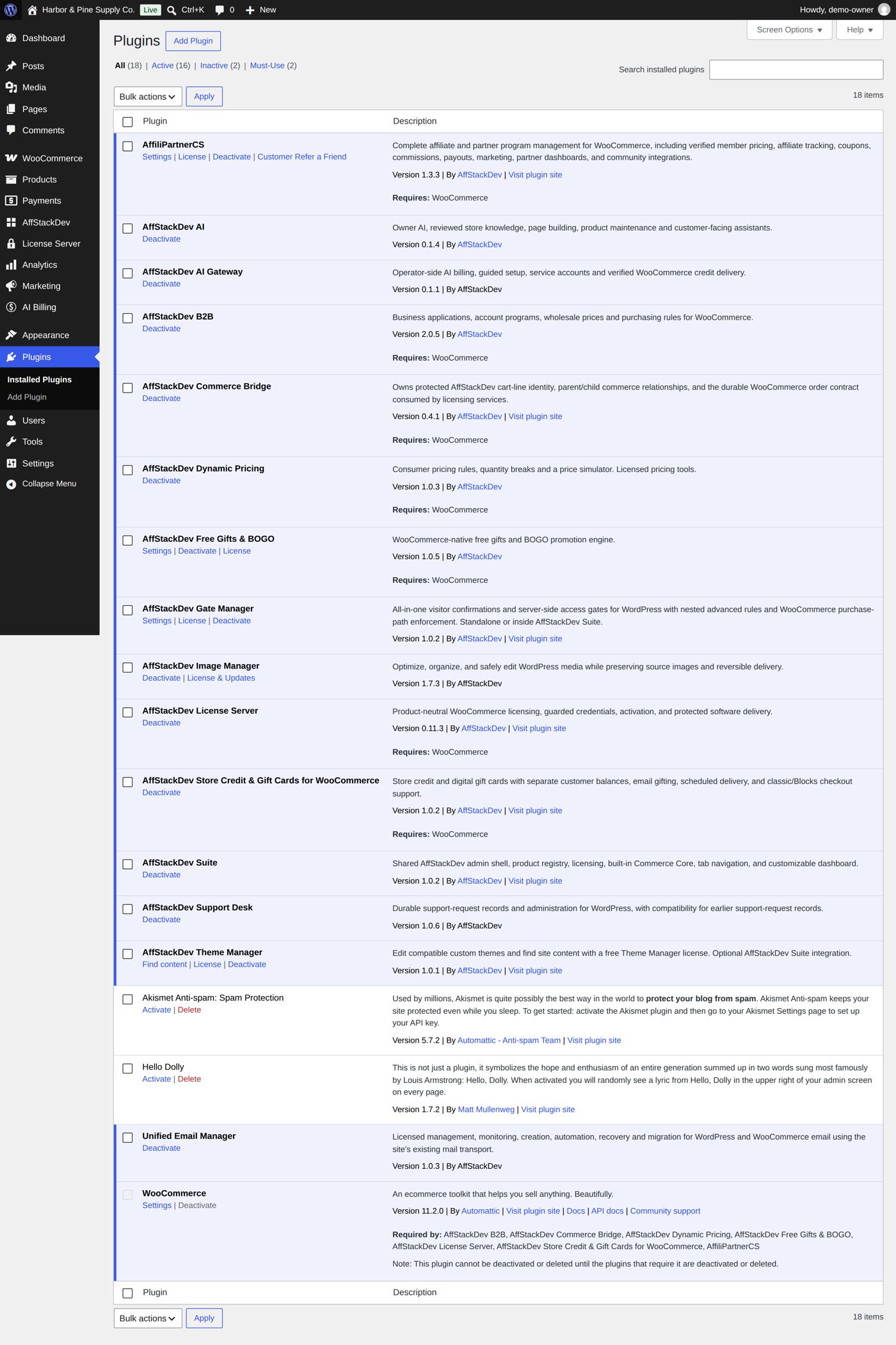 Plugins: the installed AffStackDev plugins with their versions