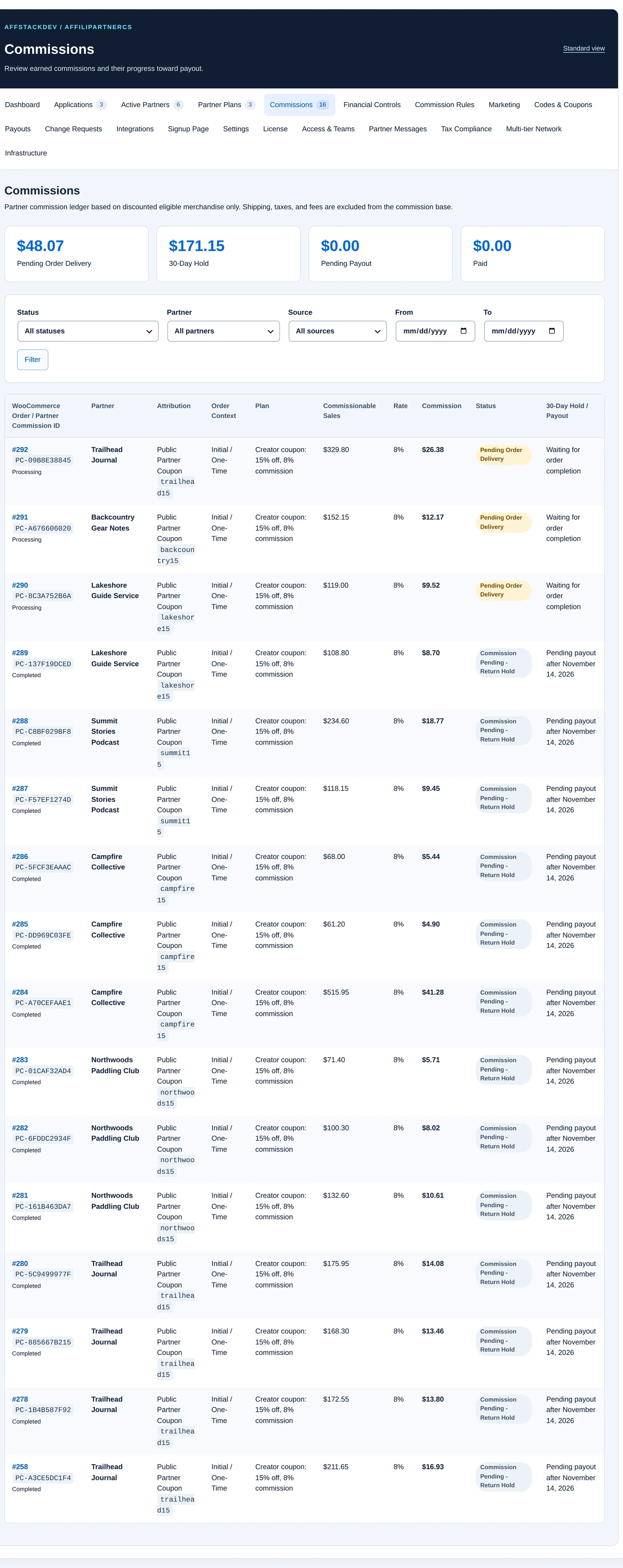 Fictional commission records with partner, source, rate, status and adjustment or release eligibility.