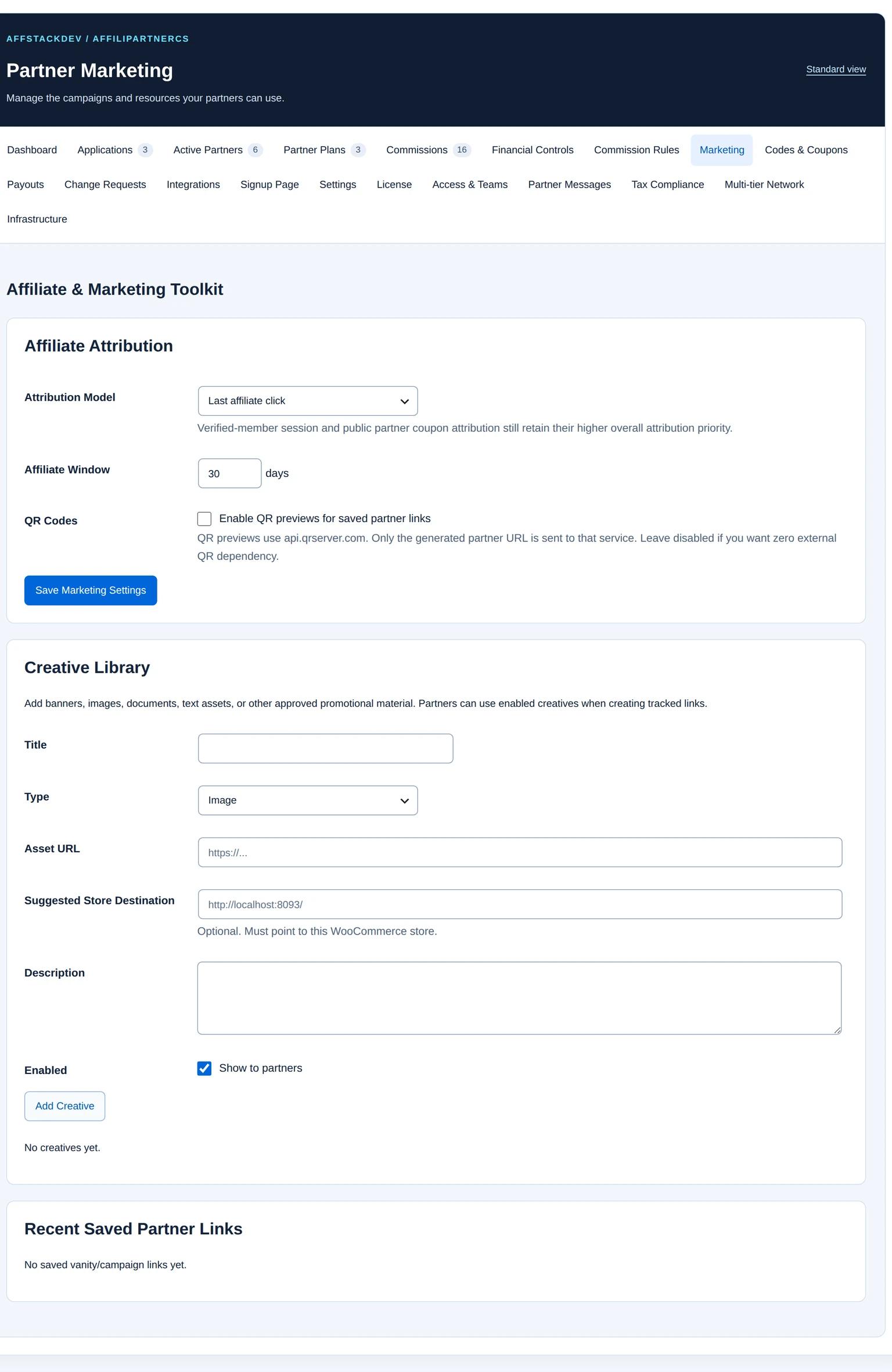 Attribution settings and the creative-library form for partner marketing resources.