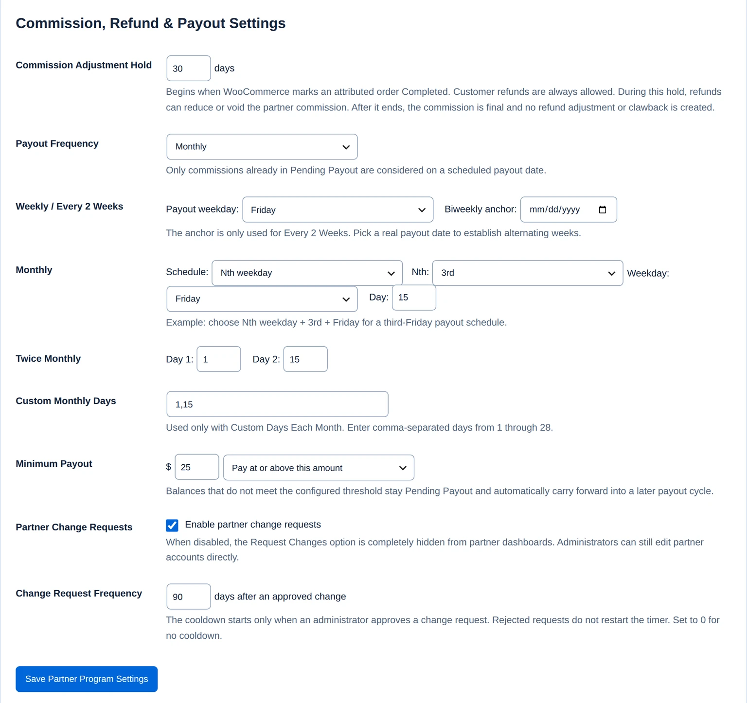 Payout settings for commission rates, review holds, schedule, currency and minimum payout.