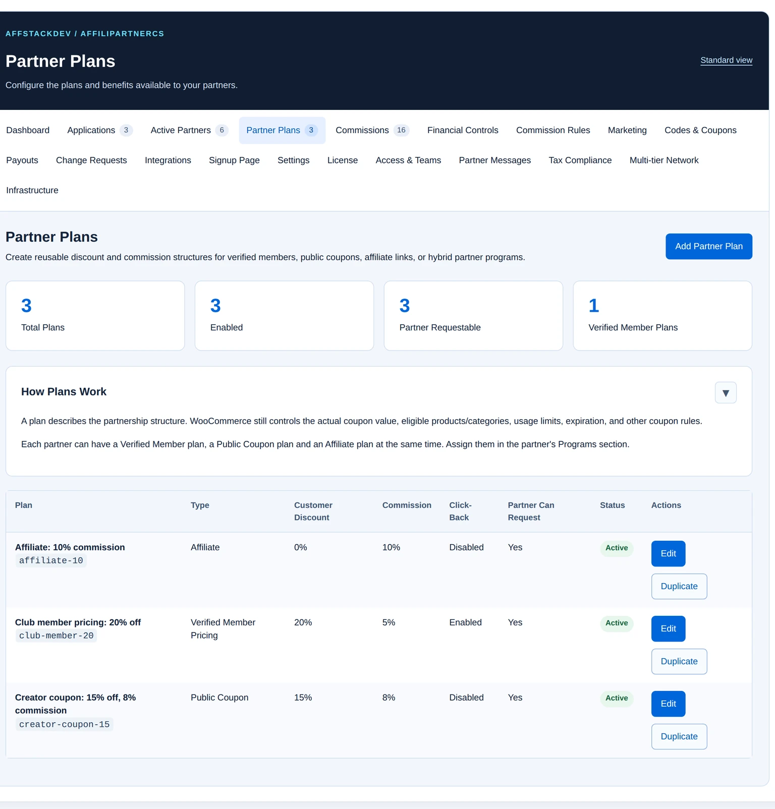 Three reusable partner plans with their customer discounts, commissions and request settings.