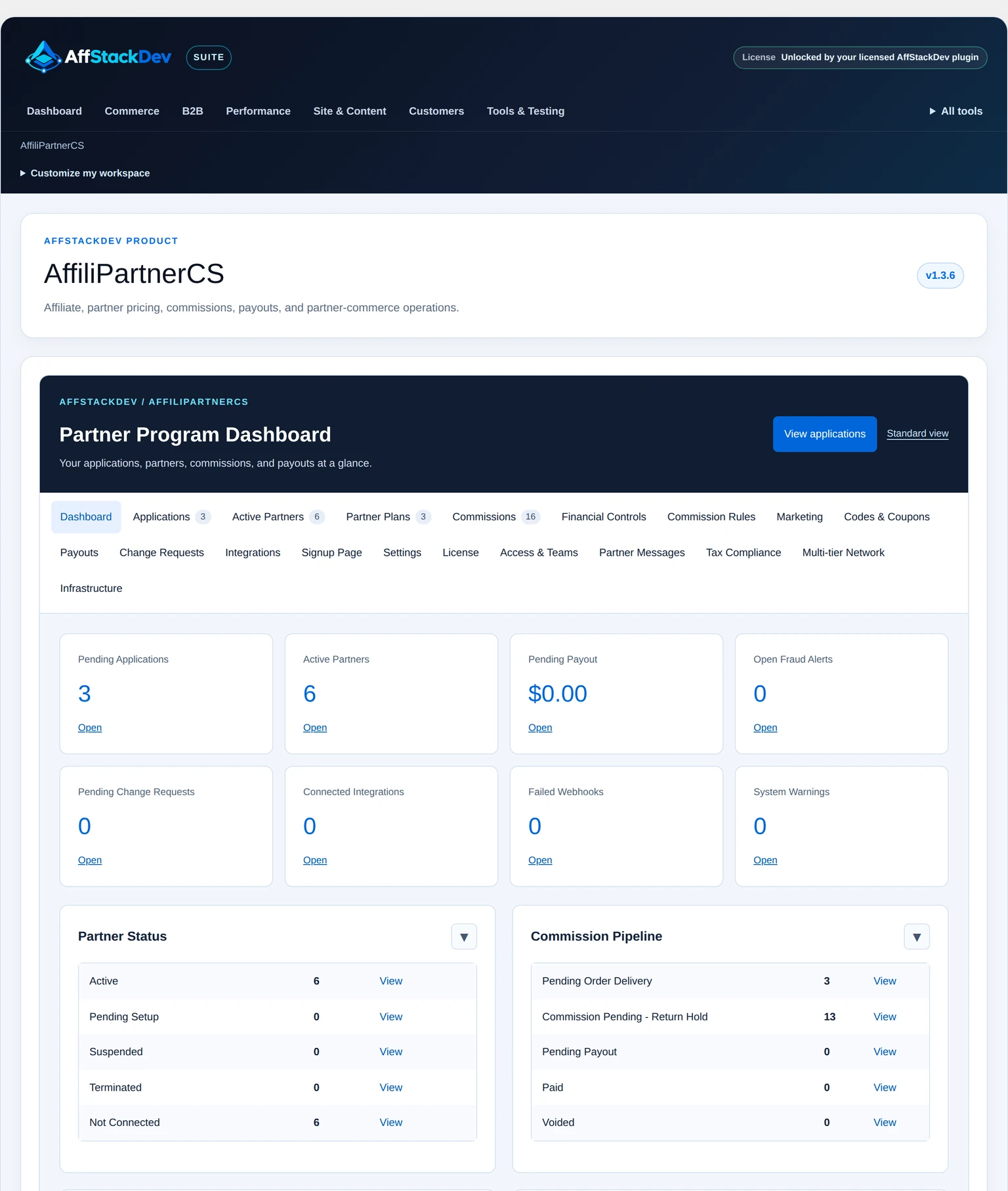 AffiliPartnerCS inside Suite with applications, active partners and the commission pipeline.