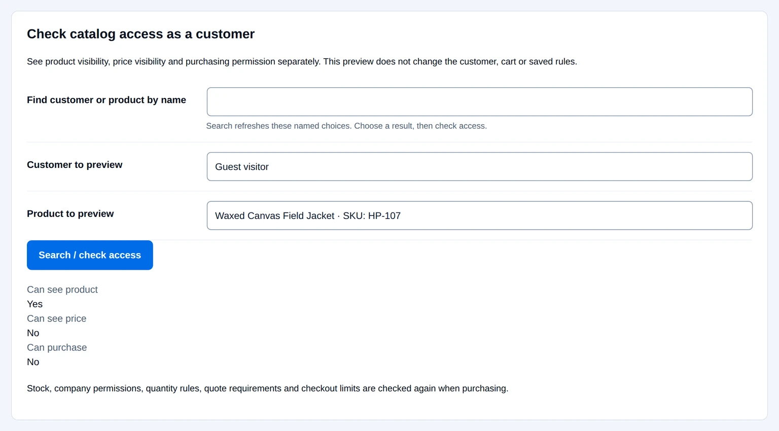 B2B catalog access preview: a guest may see the Waxed Canvas Field Jacket but cannot see its price or purchase it.