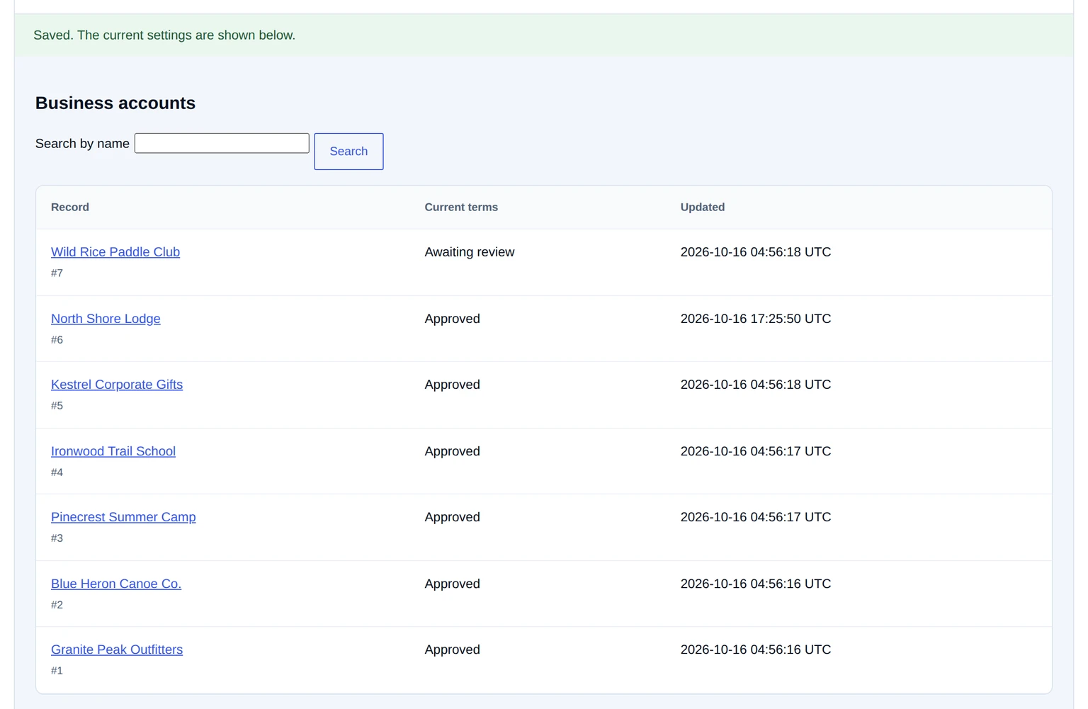B2B Accounts list showing North Shore Lodge approved and Wild Rice Paddle Club awaiting review.