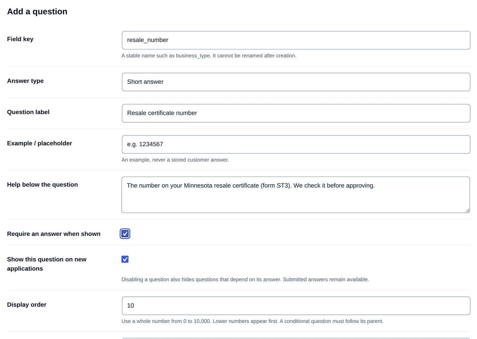 B2B application editor with a required resale certificate number question.