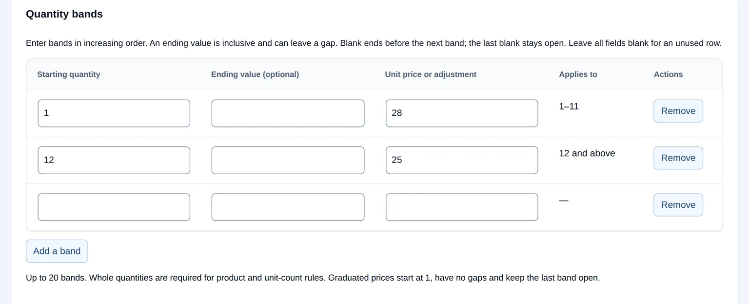 Price book bands showing quantities 1–11 at 28 and 12 or more at 25.
