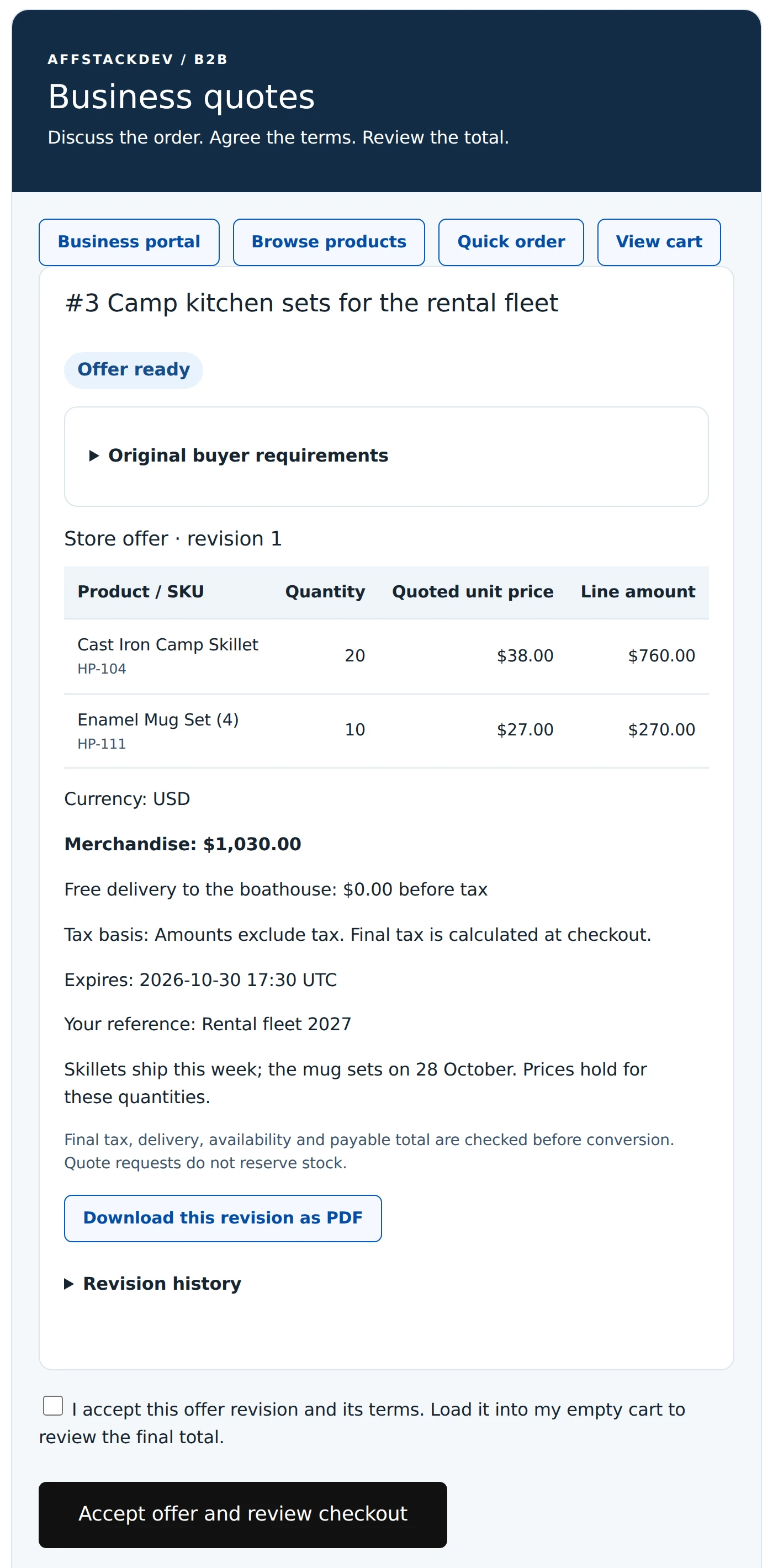 Business quote for camp kitchen products showing quantities, quoted unit amounts, delivery terms and acceptance.