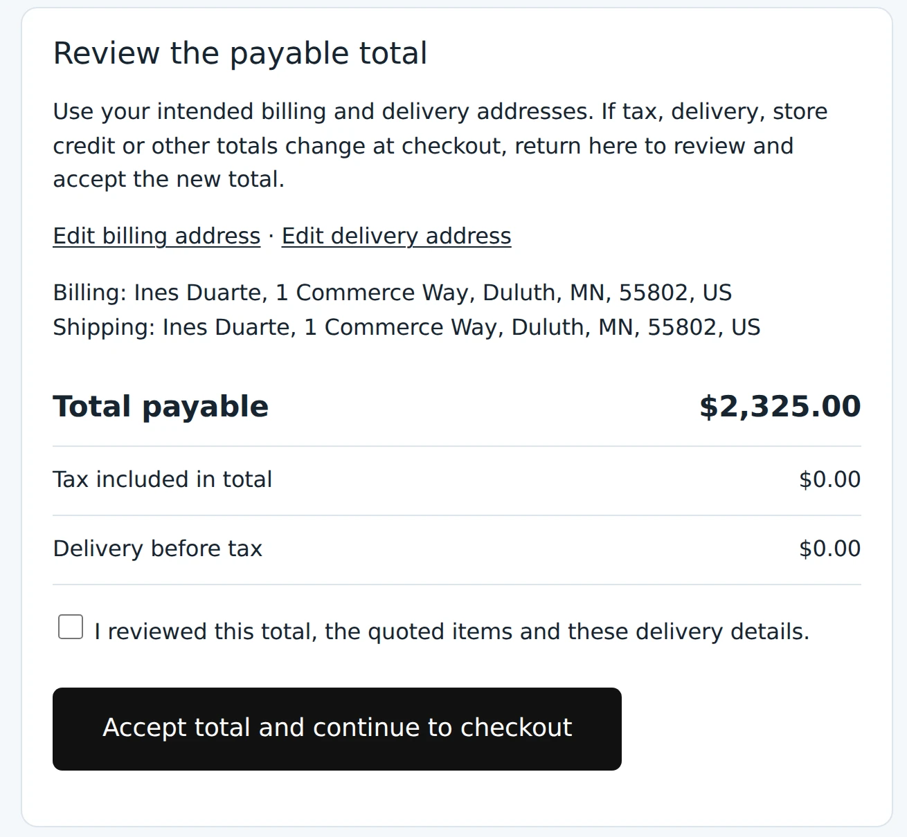 Business quote payable-total review with a fictional billing address, tax and delivery amounts, and a separate acceptance checkbox.
