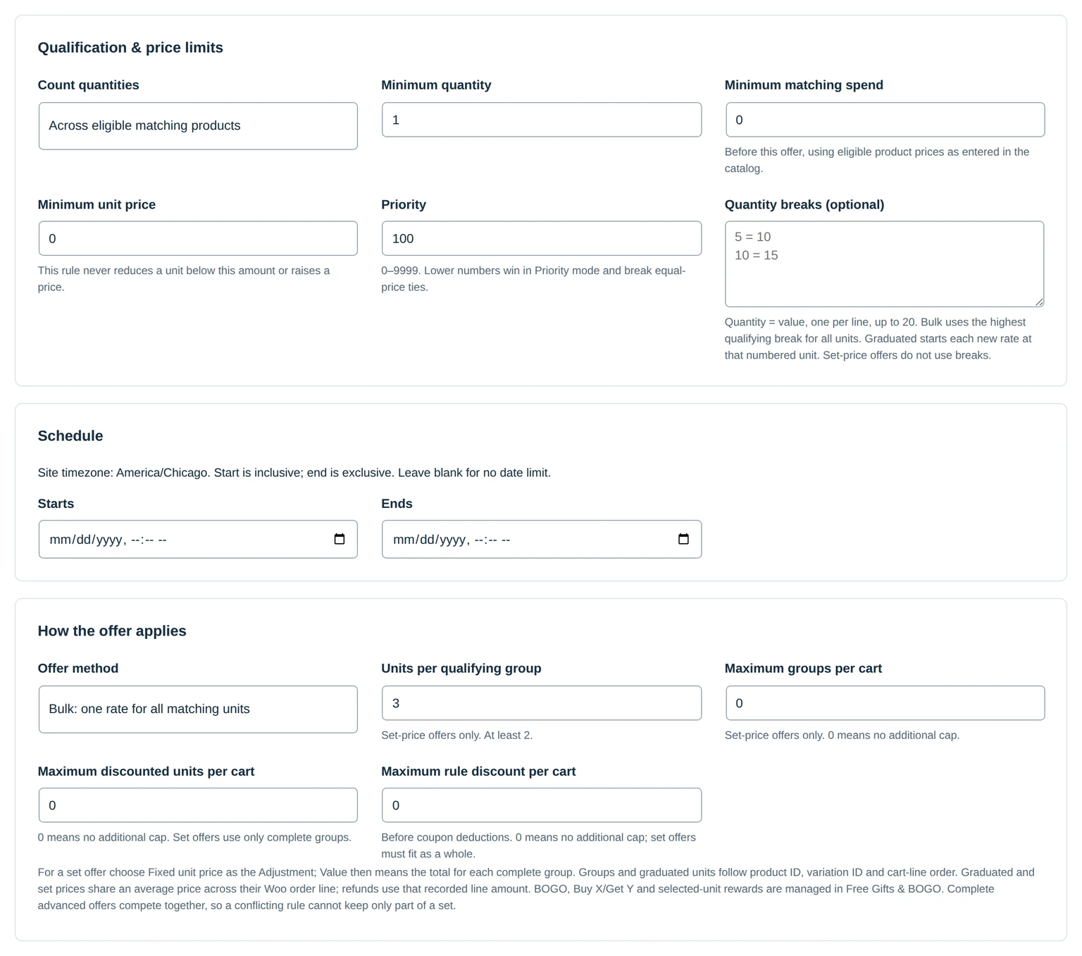 Dynamic Pricing rule showing quantity thresholds, price floor, start and end dates, and offer limits.