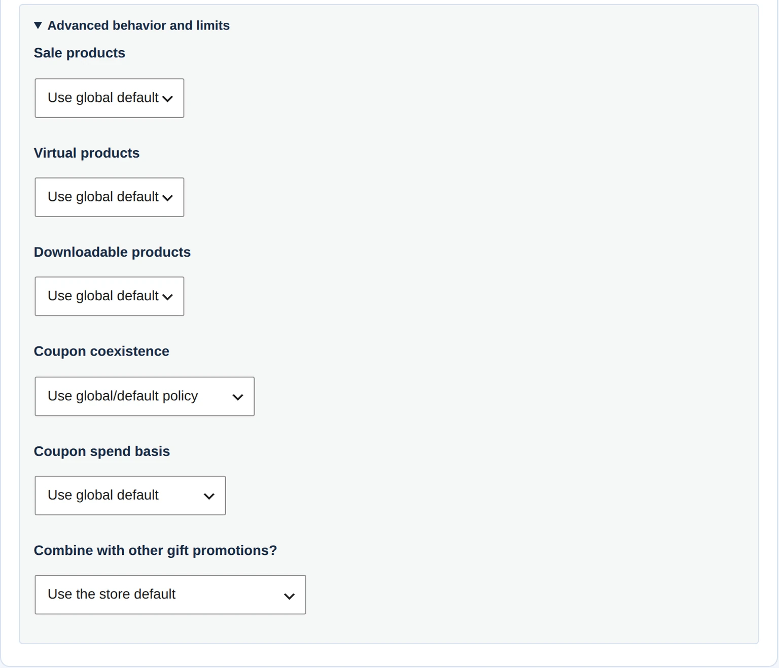 Expanded advanced promotion settings for sale, virtual and downloadable products, coupon coexistence, spend basis and gift-promotion combinations.