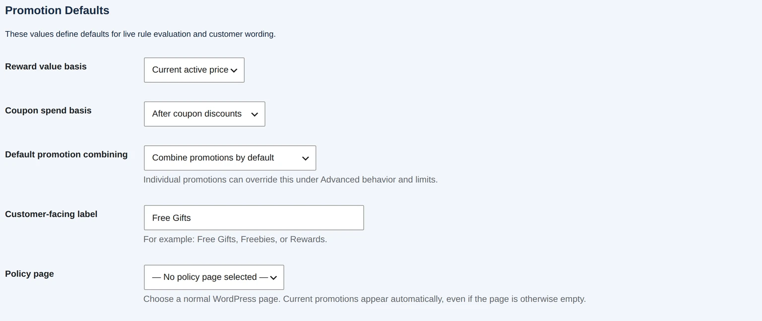 Promotion Defaults settings with current-price reward valuation, after-coupon spend and a Free Gifts label.