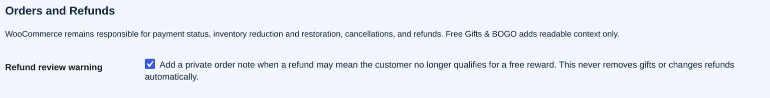 Orders and Refunds setting for a private refund-review warning; it does not automatically remove gifts or change refunds.