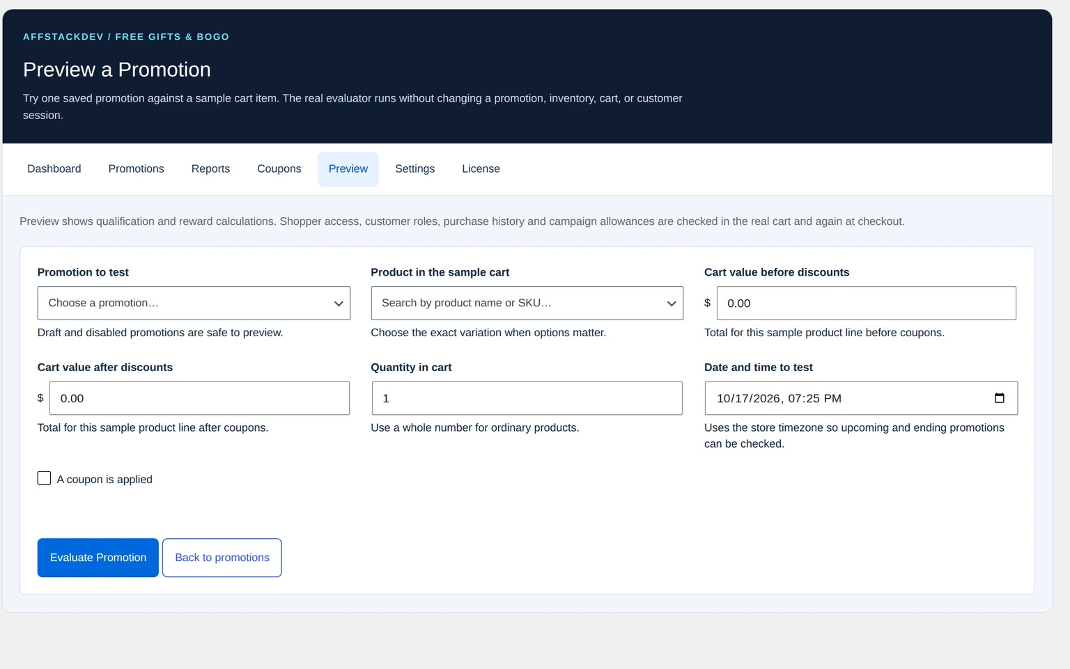 Promotion preview form with products, quantities, merchandise values, time and coupon inputs.
