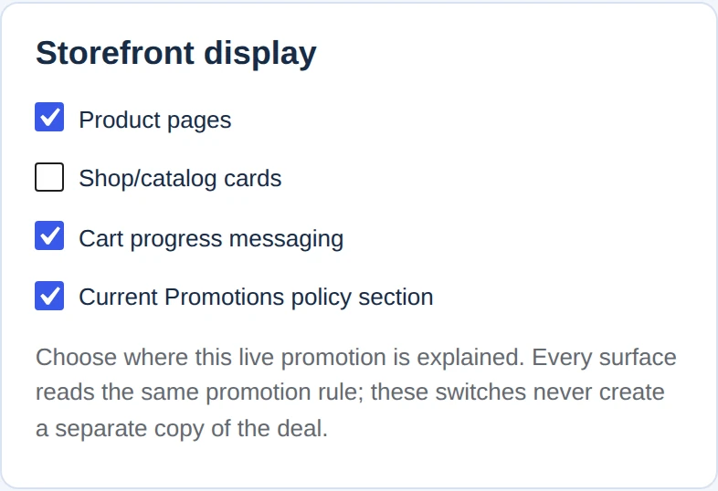 Storefront display controls for product pages, catalog cards, cart progress and the current-promotions policy section.