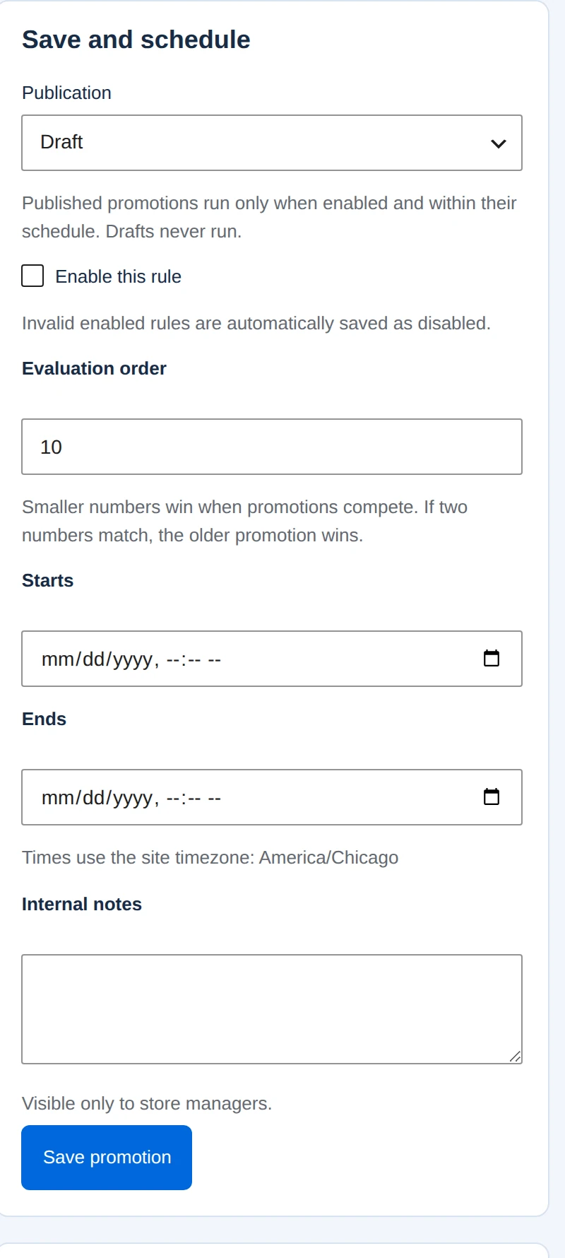 Free Gifts & BOGO Save and schedule panel with publication, enabled state, evaluation order and start/end dates.